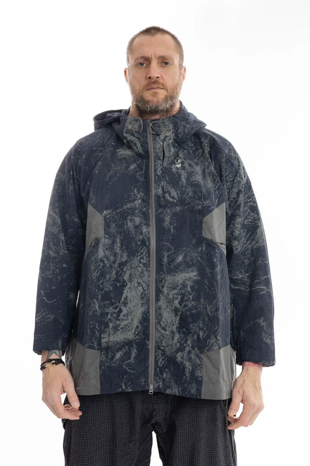 Hamcus, Mens Jacket, Geomapping Scan Print, Blue, Gray, Black, Hooded, Drawcord Hood, Side Pockets, Full Zip, Chest Logo, Waterproof, Grey Panel Inserts, Cotton, Polyamide, Elastic Cuffs and Hem, Adjustable Hem, Zip Pockets, Front Portrait. 