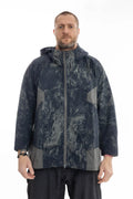Hamcus, Mens Jacket, Geomapping Scan Print, Blue, Gray, Black, Hooded, Drawcord Hood, Side Pockets, Full Zip, Chest Logo, Waterproof, Grey Panel Inserts, Cotton, Polyamide, Elastic Cuffs and Hem, Adjustable Hem, Zip Pockets, Front Portrait. 