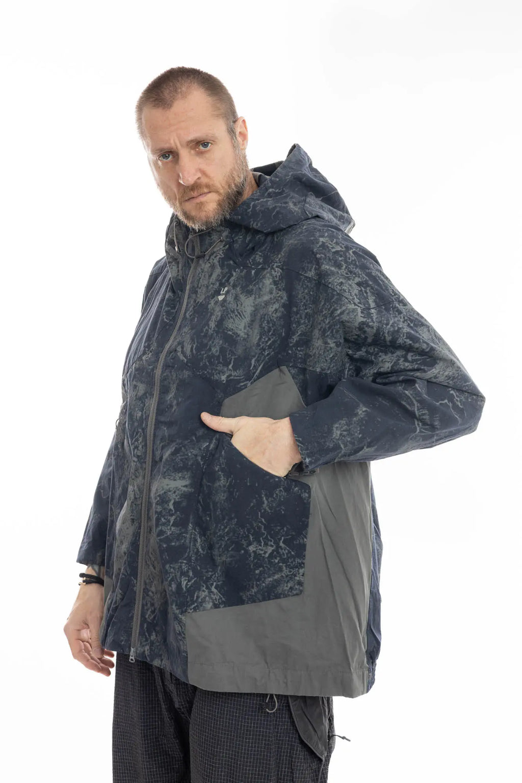 Hamcus, Mens Jacket, Geomapping Scan Print, Blue, Gray, Black, Hooded, Drawcord Hood, Side Pockets, Full Zip, Chest Logo, Waterproof, Grey Panel Inserts, Cotton, Polyamide, Elastic Cuffs and Hem, Adjustable Hem, Zip Pockets, Front Side View Hand in Pocket. 