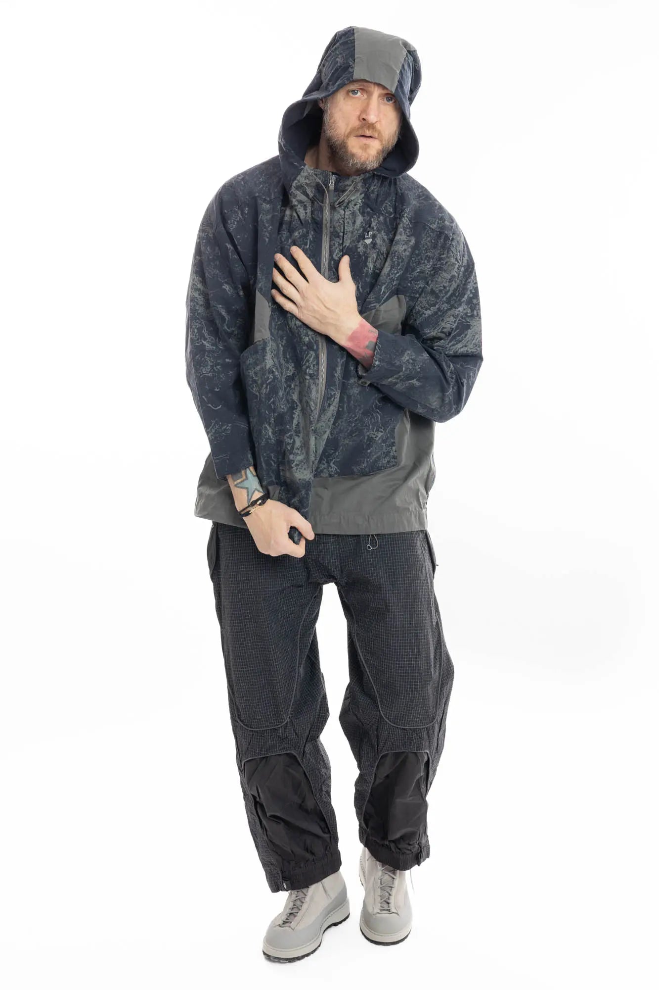 Hamcus, Mens Jacket, Geomapping Scan Print, Blue, Gray, Black, Hooded, Drawcord Hood, Side Pockets, Full Zip, Chest Logo, Waterproof, Grey Panel Inserts, Cotton, Polyamide, Elastic Cuffs and Hem, Adjustable Hem, Zip Pockets, Full Body Hands Over the Jacket. 