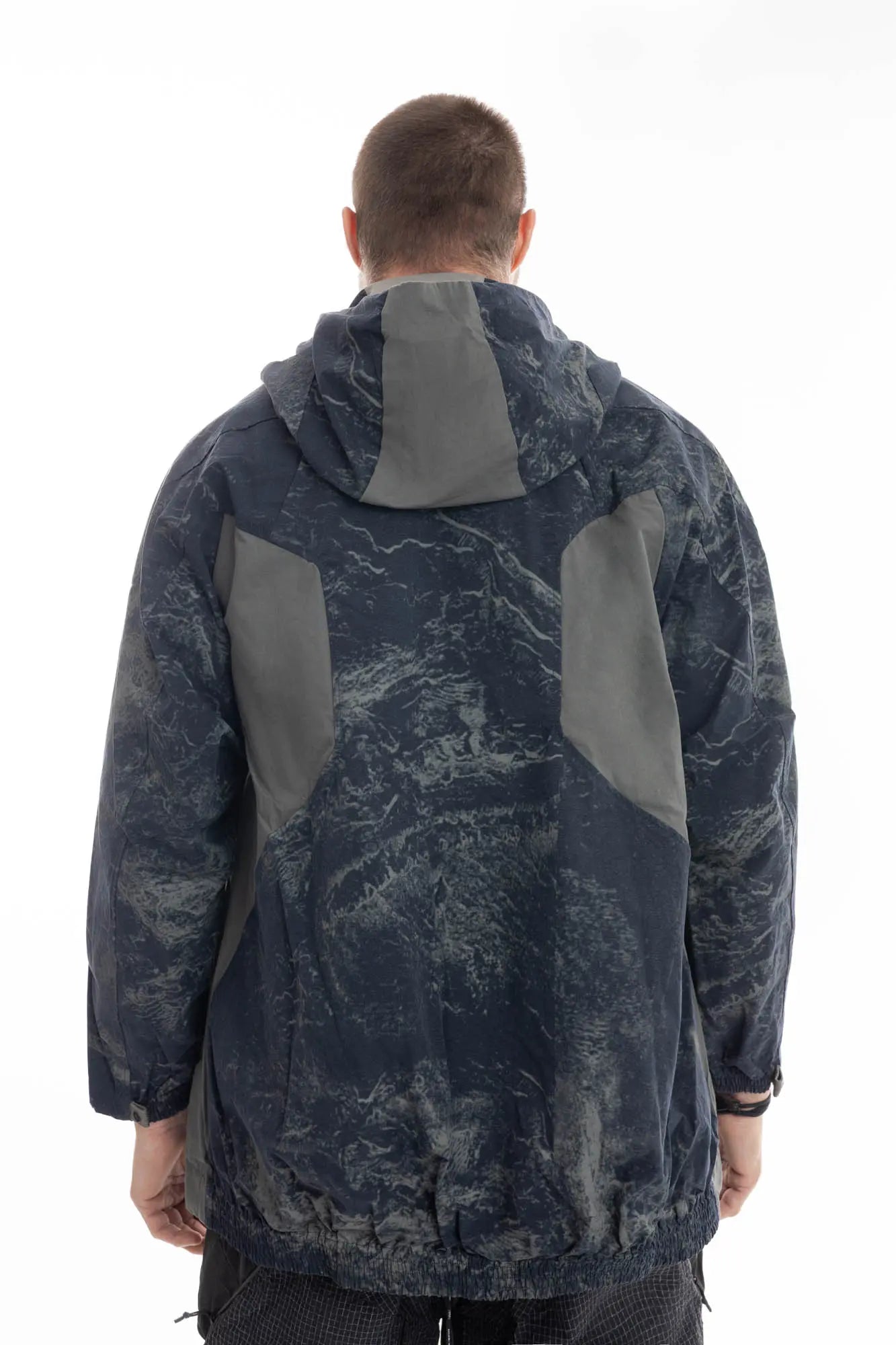Hamcus, Mens Jacket, Geomapping Scan Print, Blue, Gray, Black, Hooded, Drawcord Hood, Side Pockets, Full Zip, Chest Logo, Waterproof, Grey Panel Inserts, Cotton, Polyamide, Elastic Cuffs and Hem, Adjustable Hem, Zip Pockets, Back Portrait. 