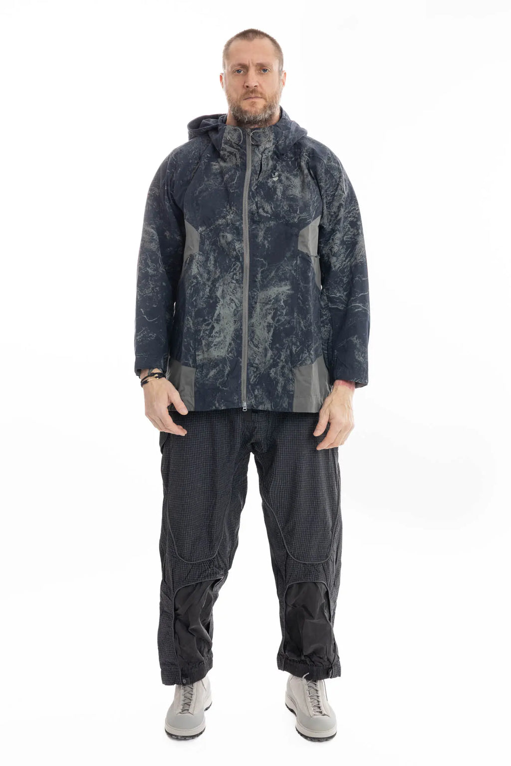Hamcus, Mens Jacket, Geomapping Scan Print, Blue, Gray, Black, Hooded, Drawcord Hood, Side Pockets, Full Zip, Chest Logo, Waterproof, Grey Panel Inserts, Cotton, Polyamide, Elastic Cuffs and Hem, Adjustable Hem, Zip Pockets, Full Body Front View. 