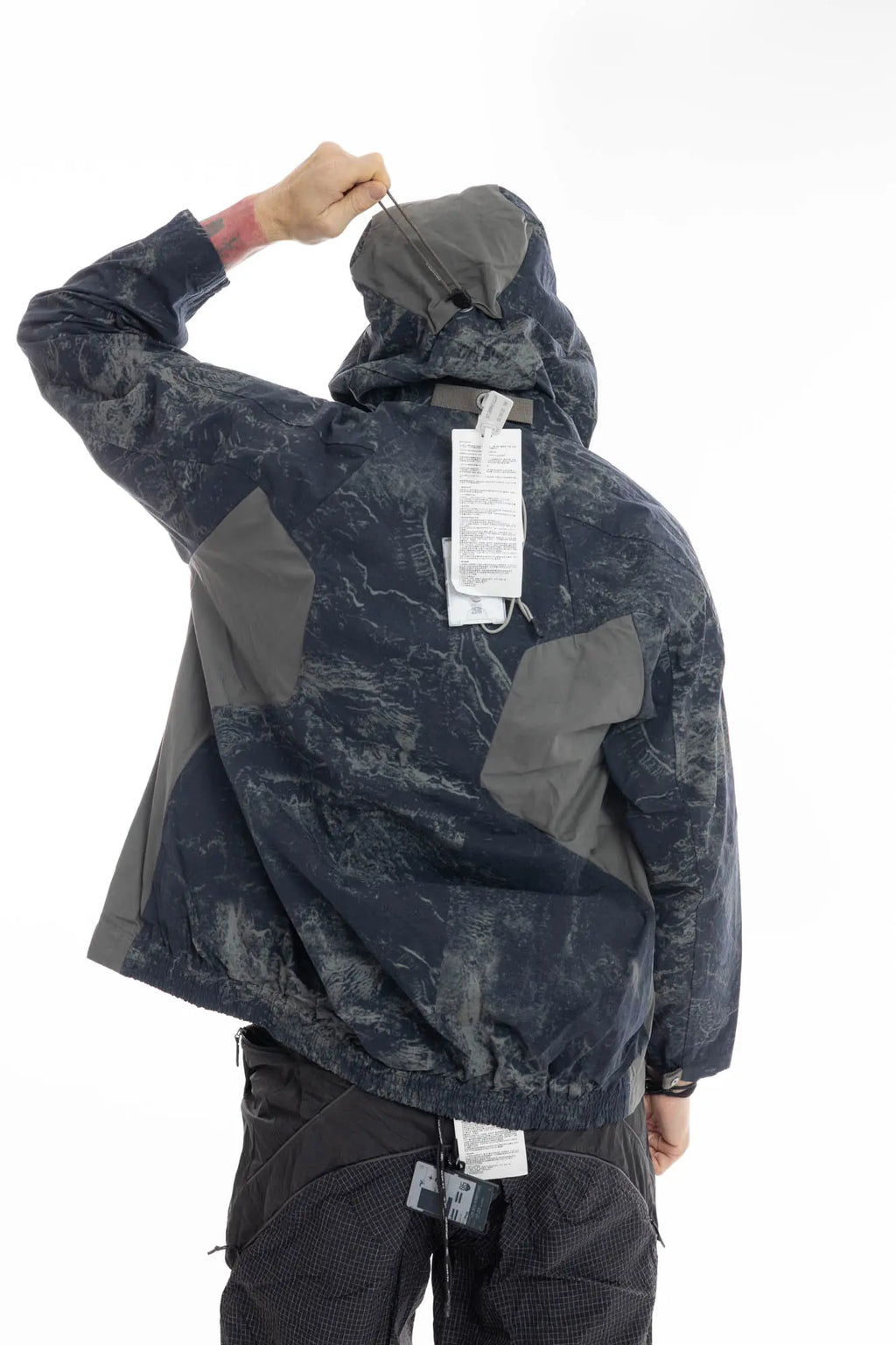 Hamcus, Mens Jacket, Geomapping Scan Print, Blue, Gray, Black, Hooded, Drawcord Hood, Side Pockets, Full Zip, Chest Logo, Waterproof, Grey Panel Inserts, Cotton, Polyamide, Elastic Cuffs and Hem, Adjustable Hem, Zip Pockets, Back Portrait Hooded Hand over the Head. 