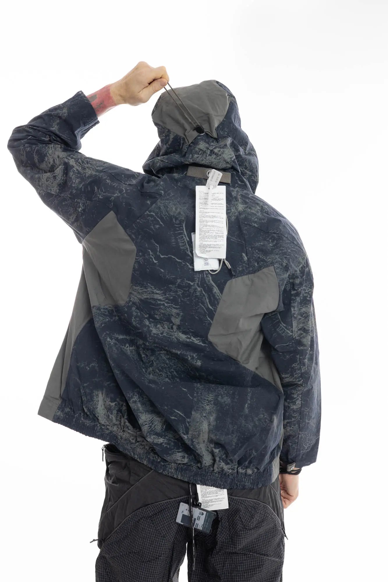 Hamcus, Mens Jacket, Geomapping Scan Print, Blue, Gray, Black, Hooded, Drawcord Hood, Side Pockets, Full Zip, Chest Logo, Waterproof, Grey Panel Inserts, Cotton, Polyamide, Elastic Cuffs and Hem, Adjustable Hem, Zip Pockets, Back Portrait Hooded Hand over the Head. 
