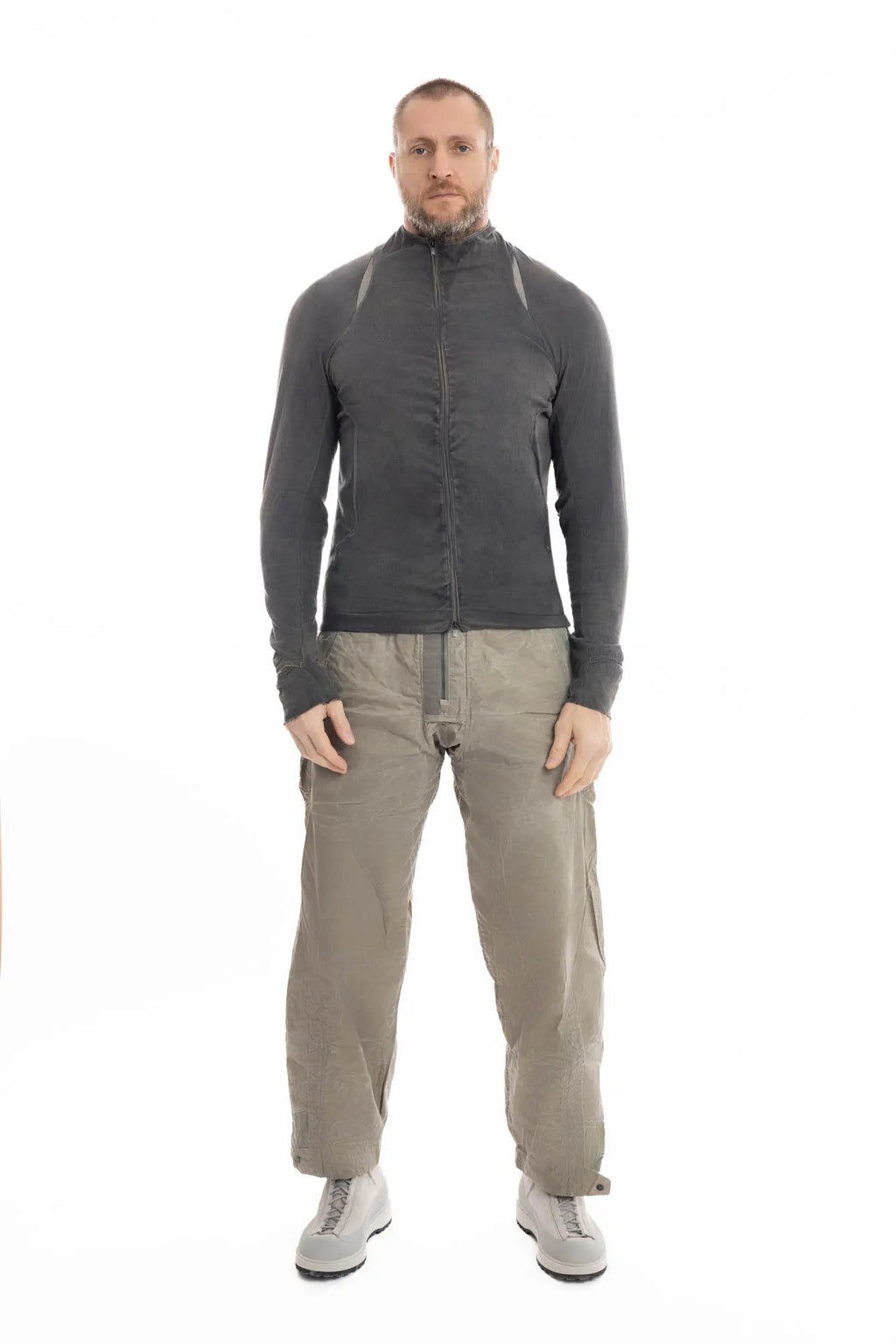 Hamcus, Mens Trousers, Olive, Beige, Light Brown, Smeared, Side Zips, Side ZIppers, Adjustable Cuffs, Elastic Drawcord Waistband, Belt Loops, Zip-Fly, Back Pockets, Polyester, Polyamide, Translucent, Transparent, Straight Leg, Wide-fit, Full Body Front View. 