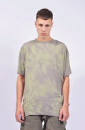 Hamcus, Mens T-Shirt, Dyed, Green, Grey, Garment Dyed, Camo Pattern, Short Sleeves, Oversized, Raw Edge Details, Crew Neck, Round Neck, Mid Stitching Details, Panel Construction, Front Portrait. 