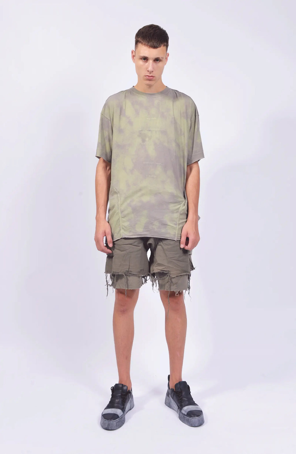 Hamcus, Mens T-Shirt, Dyed, Green, Grey, Garment Dyed, Camo Pattern, Short Sleeves, Oversized, Raw Edge Details, Crew Neck, Round Neck, Mid Stitching Details, Panel Construction, Full Body Front View. 