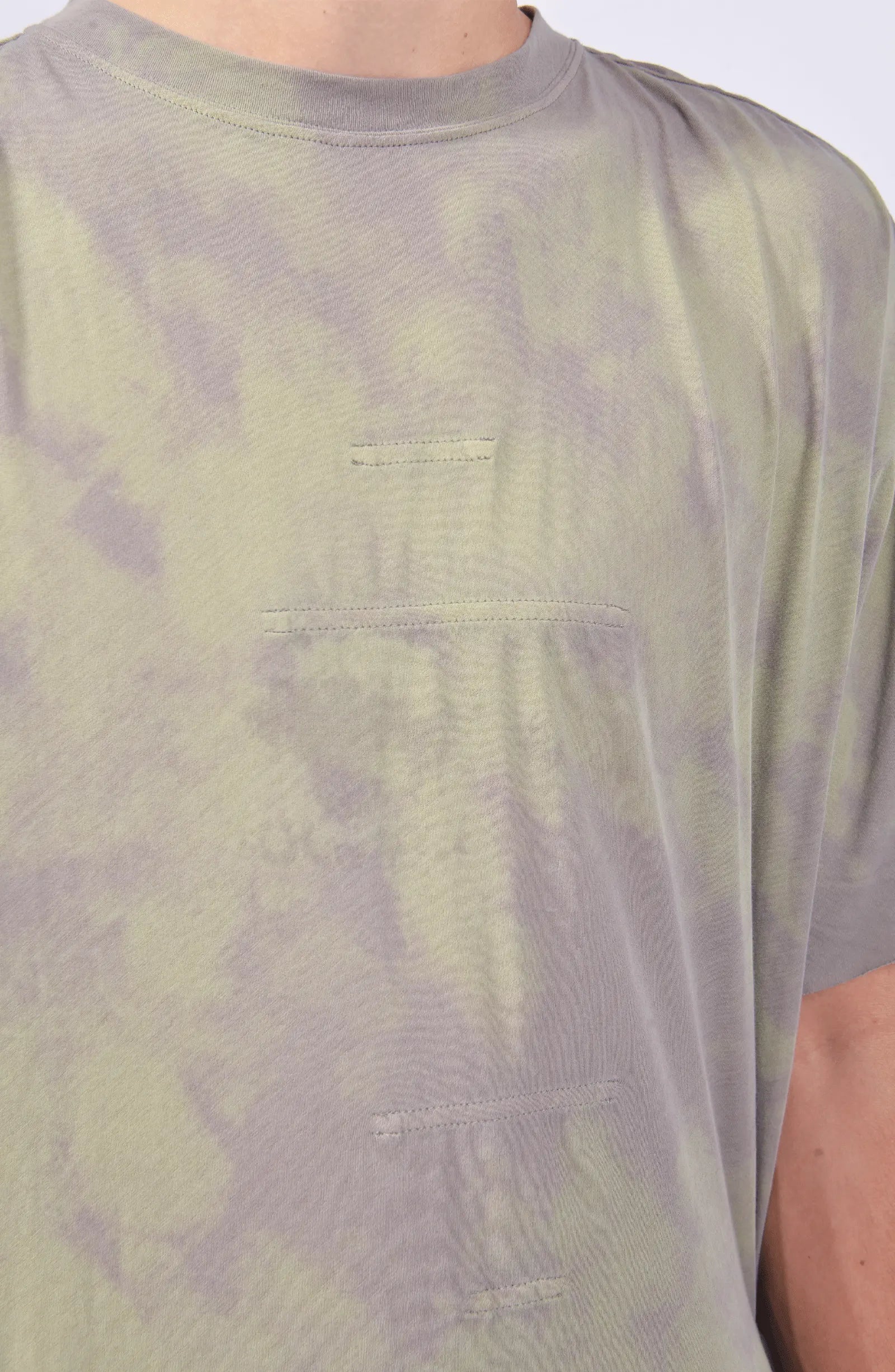 Hamcus, Mens T-Shirt, Dyed, Green, Grey, Garment Dyed, Camo Pattern, Short Sleeves, Oversized, Raw Edge Details, Crew Neck, Round Neck, Mid Stitching Details, Panel Construction, Front Seam Details. 