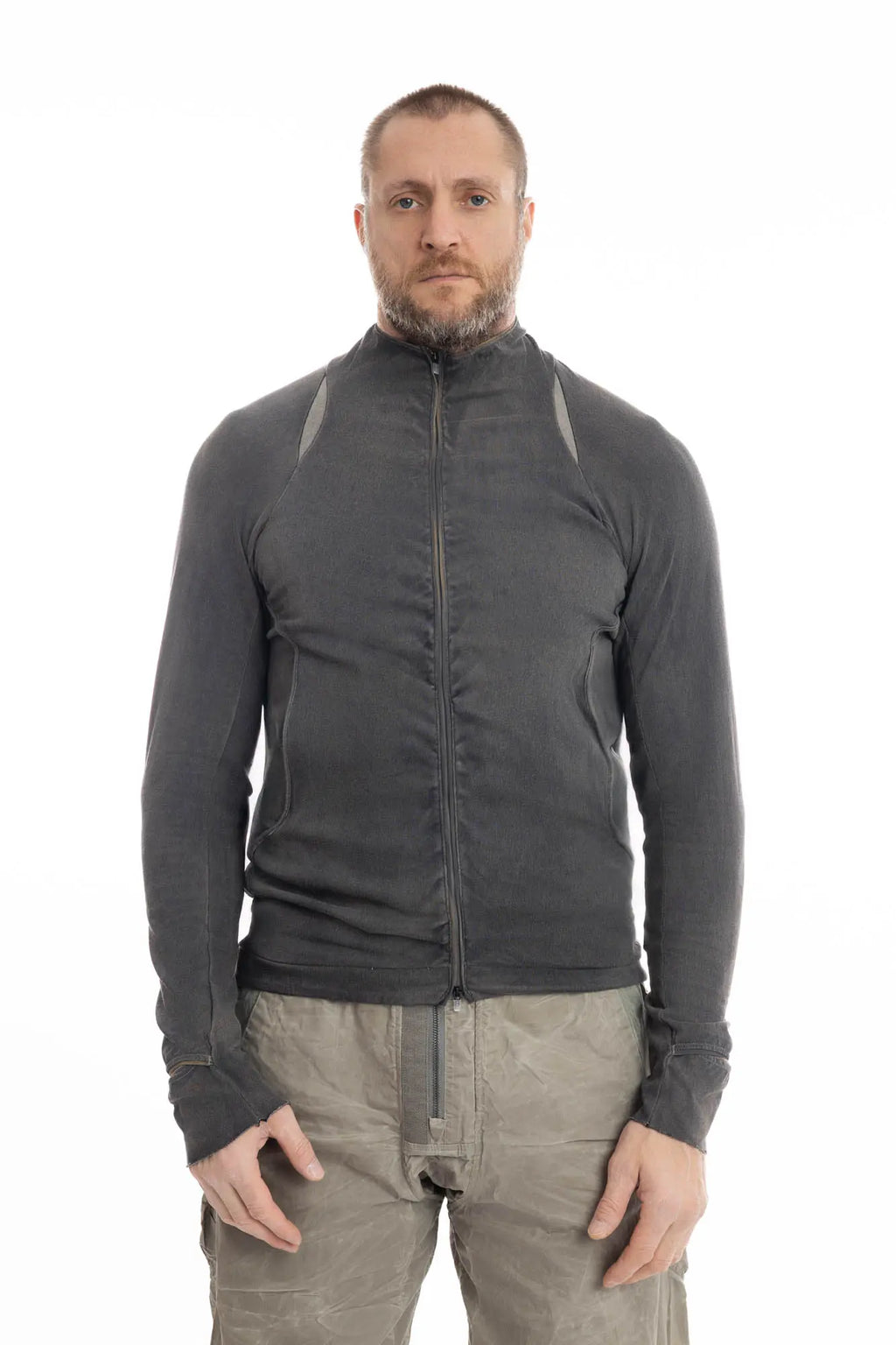 Hamcus, Mens Jersey, Black, Zip Closure, Full Zip, Thumbholes, Long Sleeves, Cotton, Polyamide, Spandex, Elastane, Light Grey Shoulder Panels, Front Portrait. 