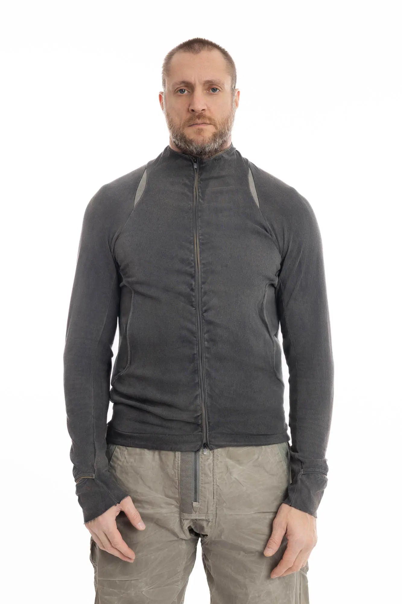 Hamcus, Mens Jersey, Black, Zip Closure, Full Zip, Thumbholes, Long Sleeves, Cotton, Polyamide, Spandex, Elastane, Light Grey Shoulder Panels, Front Portrait. 