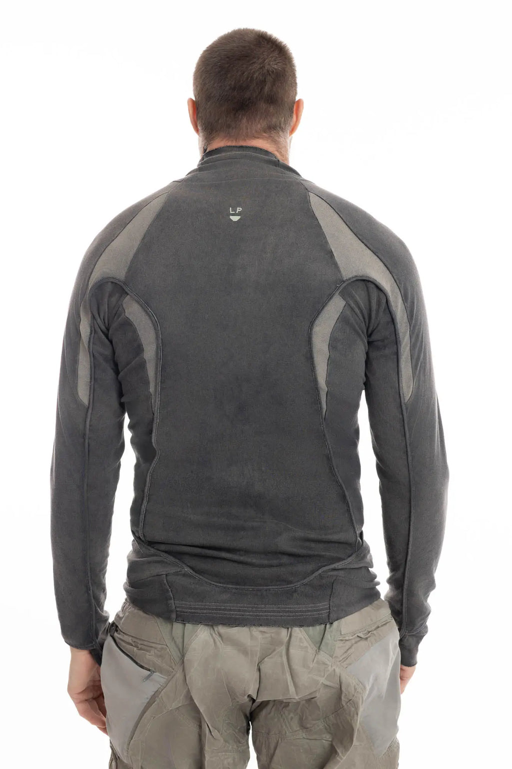 Hamcus, Mens Jersey, Black, Zip Closure, Full Zip, Thumbholes, Long Sleeves, Cotton, Polyamide, Spandex, Elastane, Light Grey Shoulder Panels, Back Portrait. 