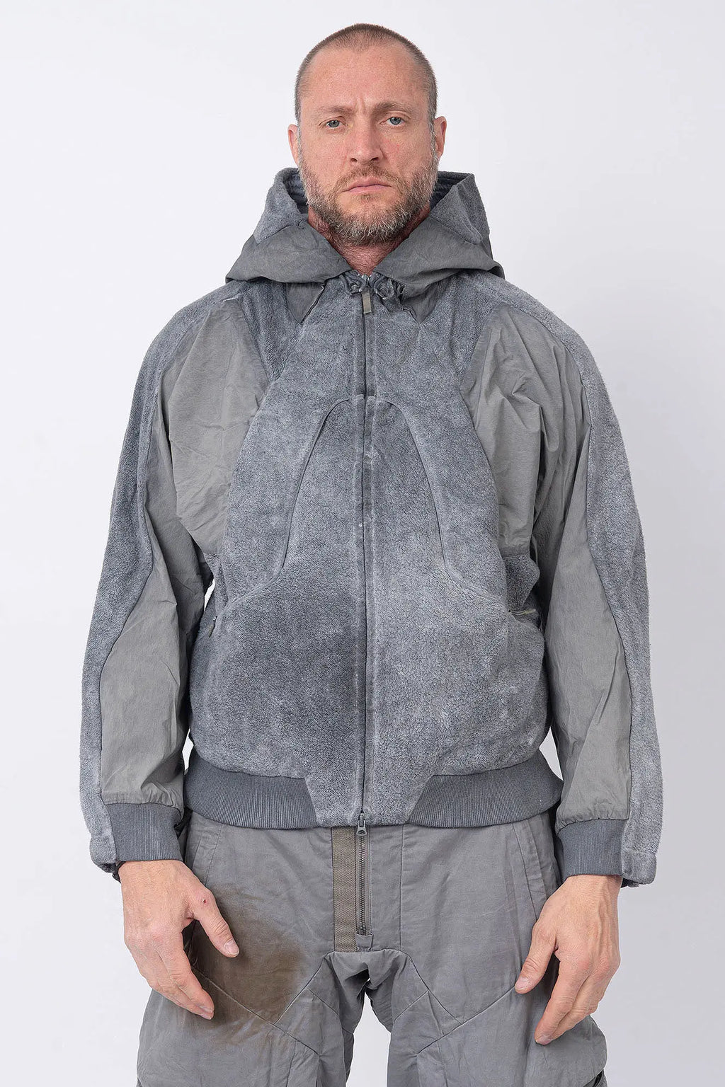 Hamcus, Mens Jacket, Fiend Grey, Gray, Hooded, Full-Zip, Centre Zip Closure, Snap Adjustable Cuffs, Ribbed Cuffs and Hem, Side Pockets, LP World Print, Back Ventilation Mesh, Chest Pockets, Zip Pockets, Multi-Fabric Panel Construction, Front Portrait Unhooded. 