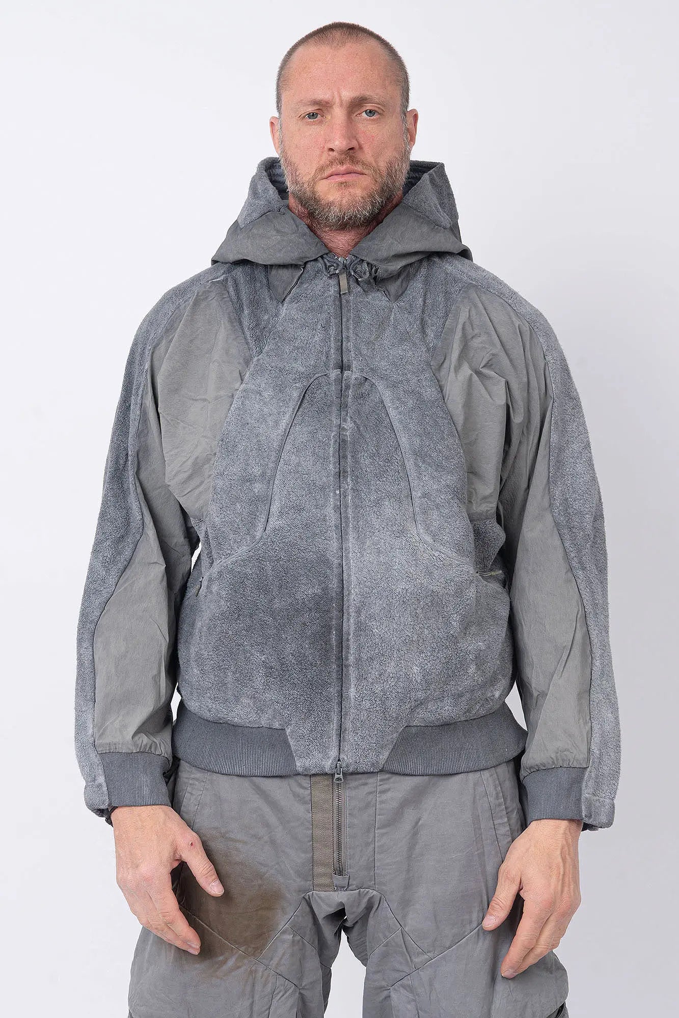 Hamcus, Mens Jacket, Fiend Grey, Gray, Hooded, Full-Zip, Centre Zip Closure, Snap Adjustable Cuffs, Ribbed Cuffs and Hem, Side Pockets, LP World Print, Back Ventilation Mesh, Chest Pockets, Zip Pockets, Multi-Fabric Panel Construction, Front Portrait Unhooded. 