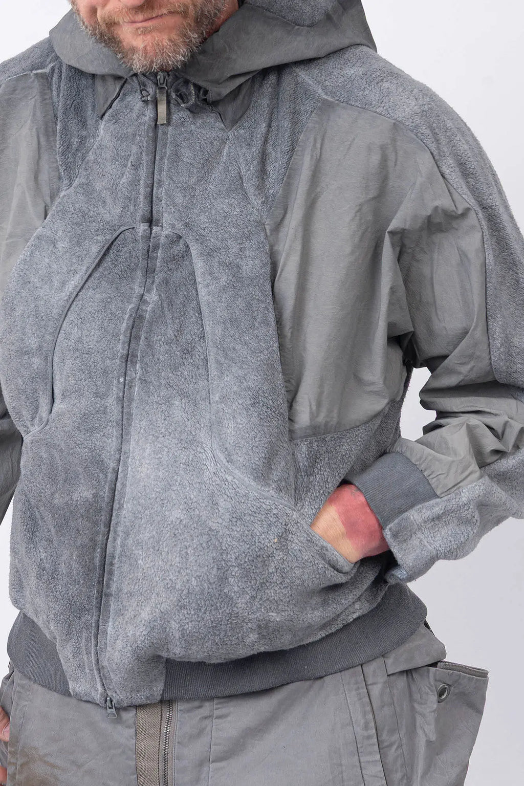 Hamcus, Mens Jacket, Fiend Grey, Gray, Hooded, Full-Zip, Centre Zip Closure, Snap Adjustable Cuffs, Ribbed Cuffs and Hem, Side Pockets, LP World Print, Back Ventilation Mesh, Chest Pockets, Zip Pockets, Multi-Fabric Panel Construction, Front Close-up Hand in Pocket. 