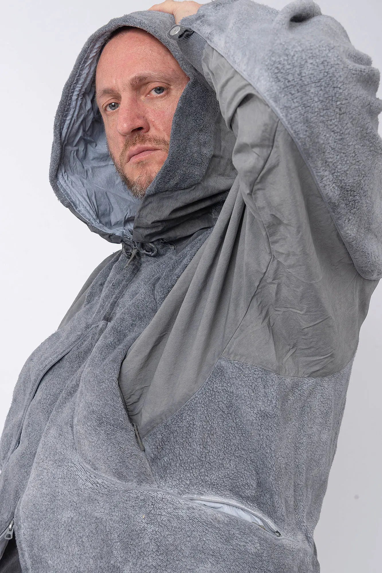 Hamcus, Mens Jacket, Fiend Grey, Gray, Hooded, Full-Zip, Centre Zip Closure, Snap Adjustable Cuffs, Ribbed Cuffs and Hem, Side Pockets, LP World Print, Back Ventilation Mesh, Chest Pockets, Zip Pockets, Multi-Fabric Panel Construction, Close-up Hooded 3/4 Front View. 