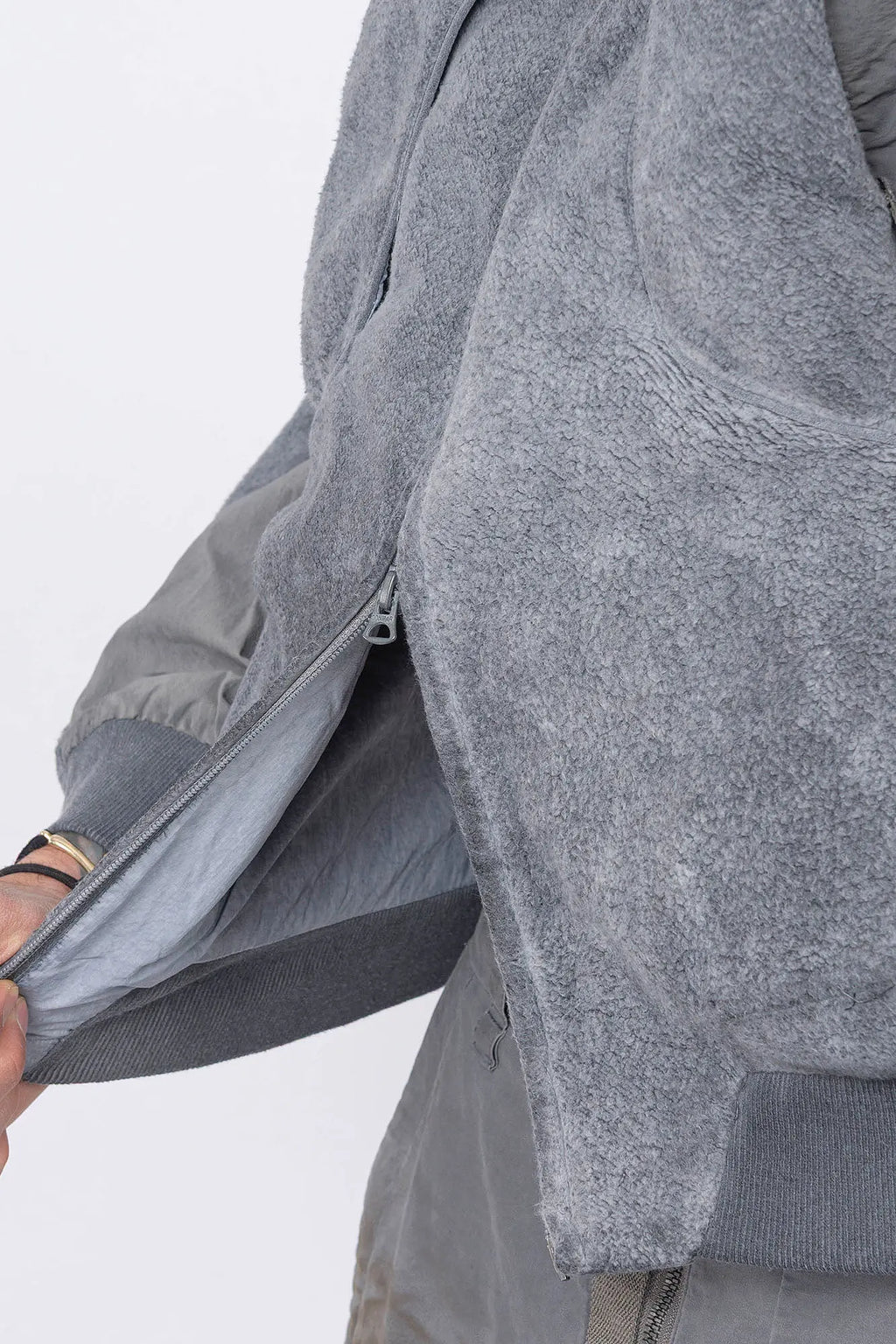 Hamcus, Mens Jacket, Fiend Grey, Gray, Hooded, Full-Zip, Centre Zip Closure, Snap Adjustable Cuffs, Ribbed Cuffs and Hem, Side Pockets, LP World Print, Back Ventilation Mesh, Chest Pockets, Zip Pockets, Multi-Fabric Panel Construction, Close-up Front Two-way zipper showcase. 