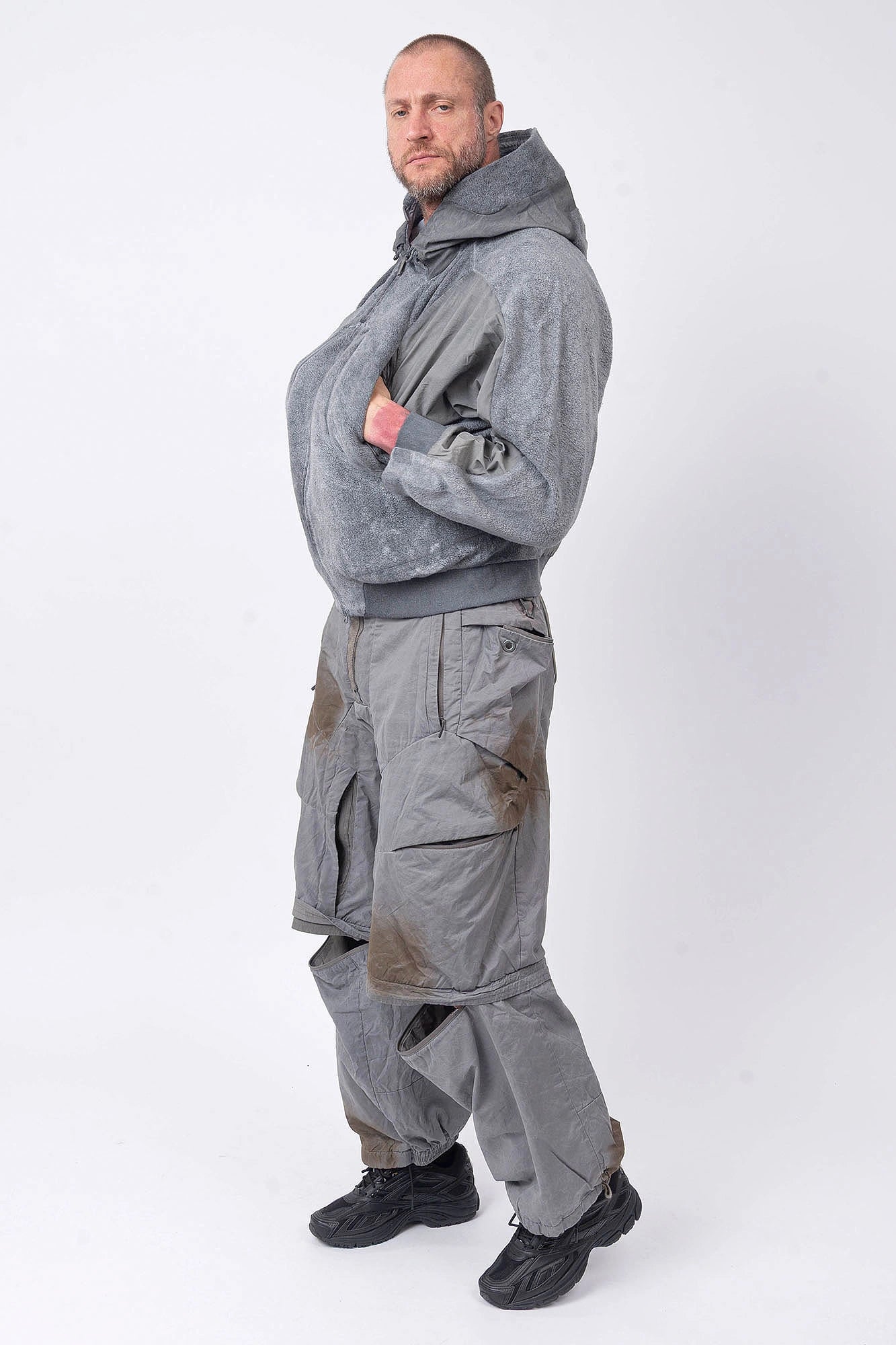Hamcus, Mens Jacket, Fiend Grey, Gray, Hooded, Full-Zip, Centre Zip Closure, Snap Adjustable Cuffs, Ribbed Cuffs and Hem, Side Pockets, LP World Print, Back Ventilation Mesh, Chest Pockets, Zip Pockets, Multi-Fabric Panel Construction, Full Body Front 3/4 View. 