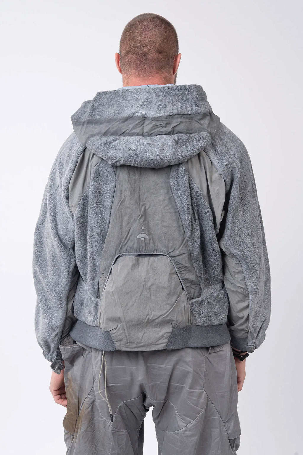 Hamcus, Mens Jacket, Fiend Grey, Gray, Hooded, Full-Zip, Centre Zip Closure, Snap Adjustable Cuffs, Ribbed Cuffs and Hem, Side Pockets, LP World Print, Back Ventilation Mesh, Chest Pockets, Zip Pockets, Multi-Fabric Panel Construction, Back Portrait. 