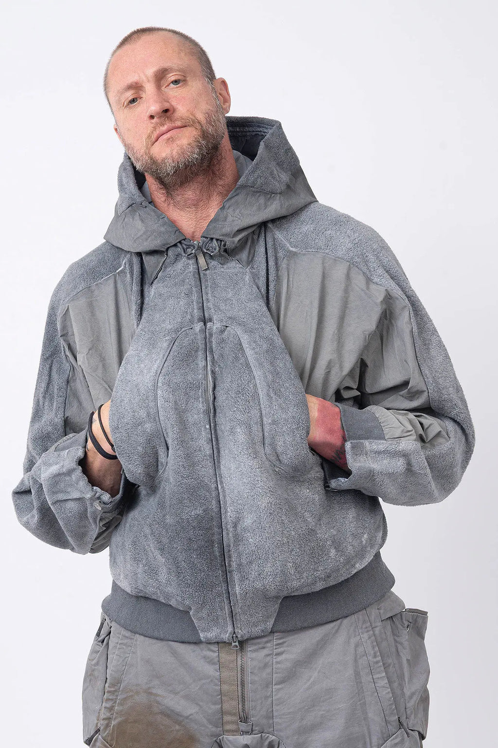 Hamcus, Mens Jacket, Fiend Grey, Gray, Hooded, Full-Zip, Centre Zip Closure, Snap Adjustable Cuffs, Ribbed Cuffs and Hem, Side Pockets, LP World Print, Back Ventilation Mesh, Chest Pockets, Zip Pockets, Multi-Fabric Panel Construction, Front Portrait Hands in Pockets. 