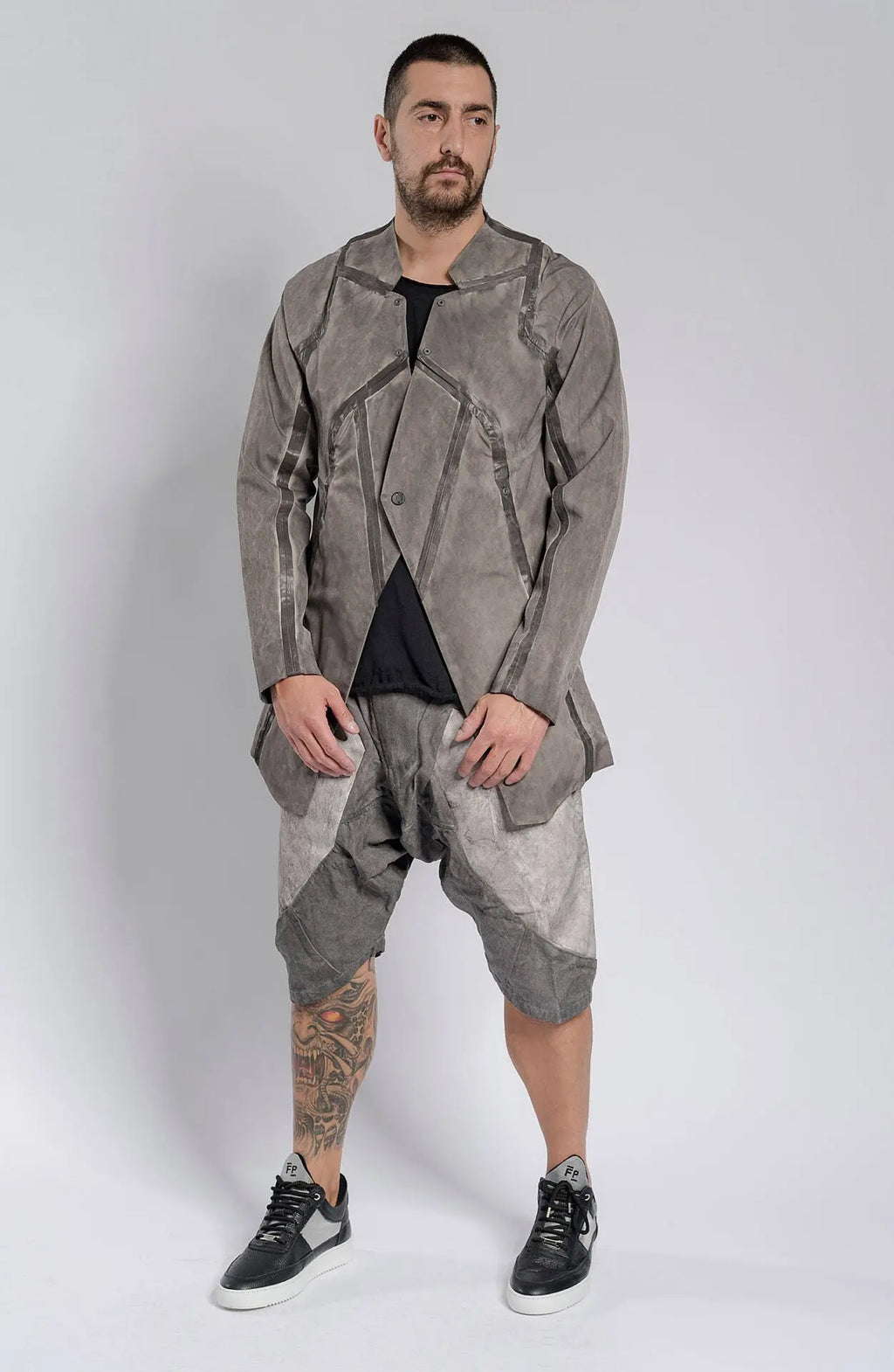 Hamcus, Mens Blazer, Stealth Grey, Metal Gear Solid, Metal Eyelets, Taped Seams, Magnetic Snap Closure, Ventilation Openings, Double Sleeves, Adjustable Cuffs, Long Sleeves, Breathable, Full Body 3/4 View. 