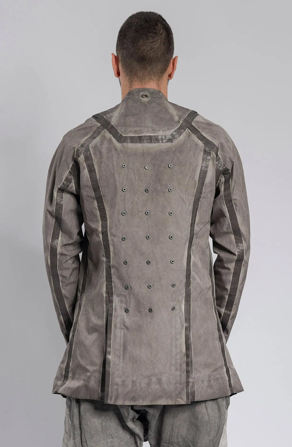 Hamcus, Mens Blazer, Stealth Grey, Metal Gear Solid, Metal Eyelets, Taped Seams, Magnetic Snap Closure, Ventilation Openings, Double Sleeves, Adjustable Cuffs, Long Sleeves, Breathable, Back Portrait. 