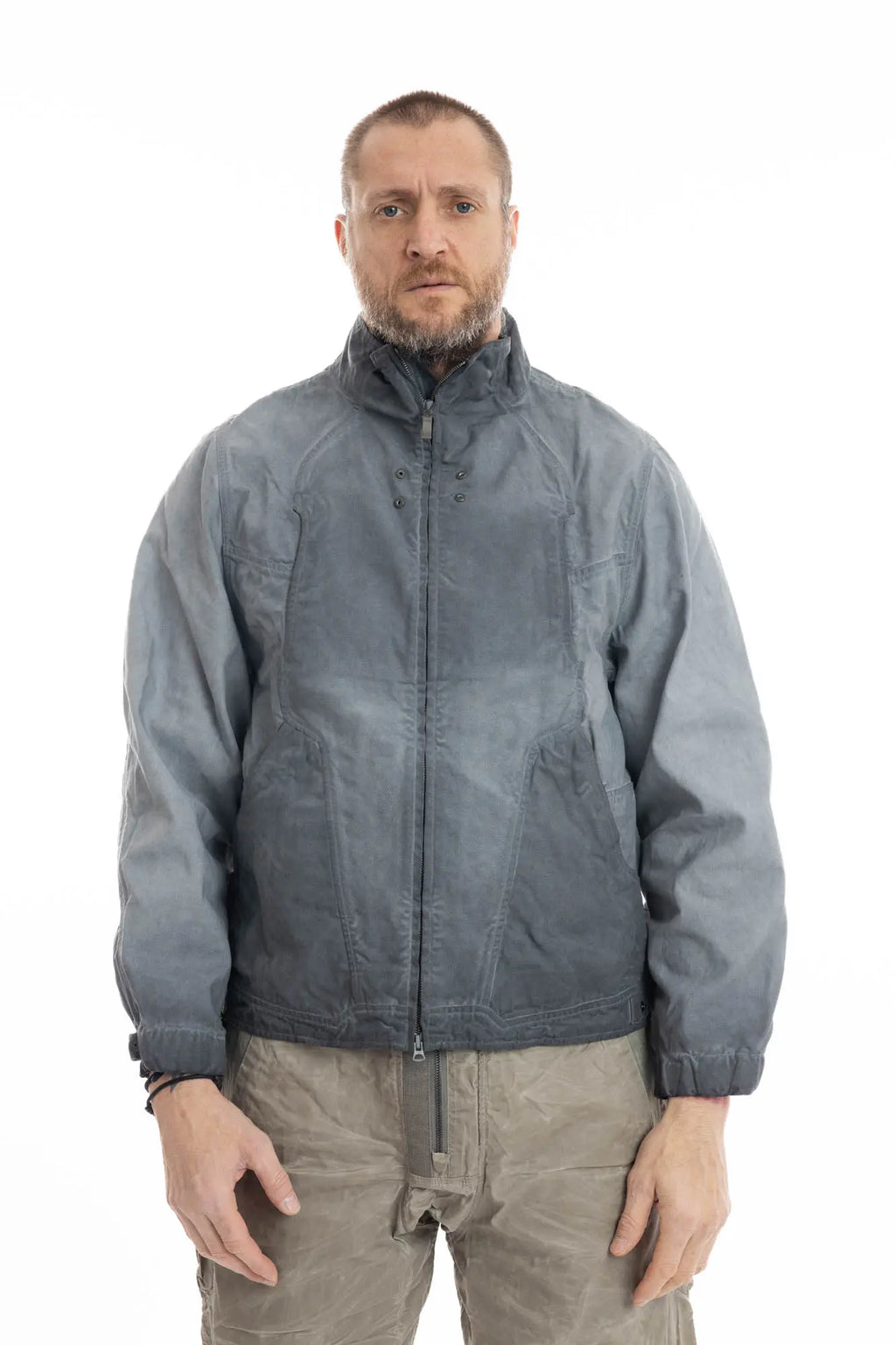 Hamcus, Mens Jacket, Grey, Hamcus EARS-6 Loner's Combat Jacket in Fiend Grey – technical biomimicry design with multiple functional pockets and articulated fit, Side Pockets, Adjustable Cuffs, Snap Closure, Full Zip, Front Protrait. 