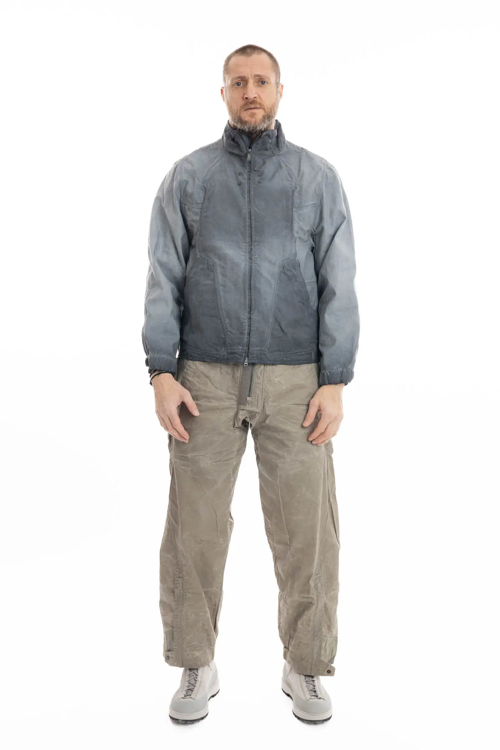 Hamcus, Mens Jacket, Grey, Hamcus EARS-6 Loner's Combat Jacket in Fiend Grey – technical biomimicry design with multiple functional pockets and articulated fit, Side Pockets, Adjustable Cuffs, Snap Closure, Full Zip, Full Body Front View. 