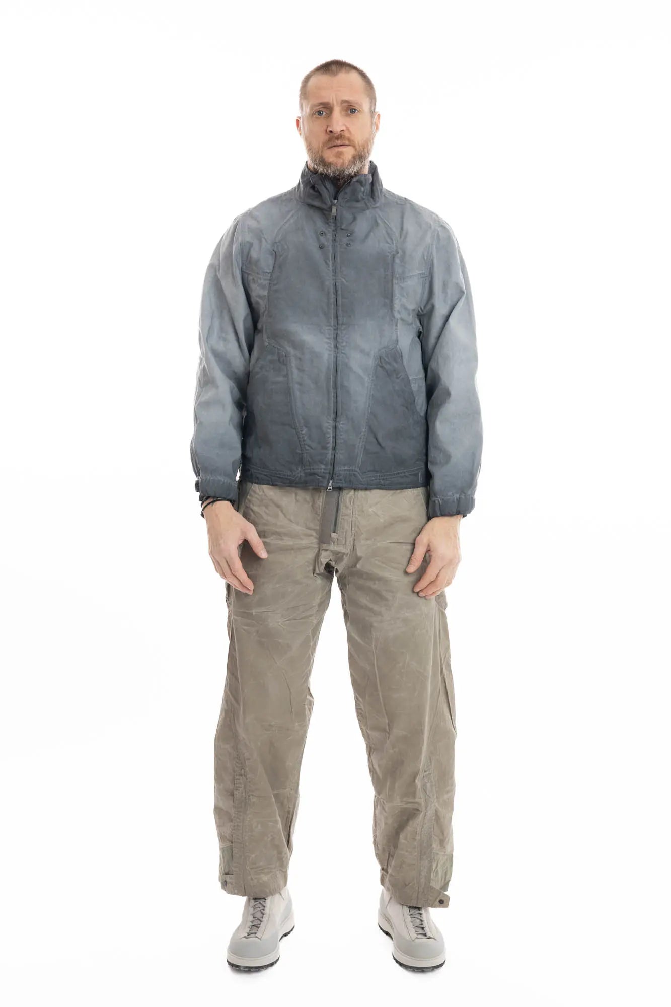 Hamcus, Mens Jacket, Grey, Hamcus EARS-6 Loner's Combat Jacket in Fiend Grey – technical biomimicry design with multiple functional pockets and articulated fit, Side Pockets, Adjustable Cuffs, Snap Closure, Full Zip, Full Body Front View. 