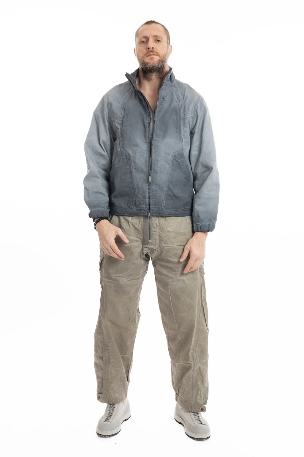 Hamcus, Mens Jacket, Grey, Hamcus EARS-6 Loner's Combat Jacket in Fiend Grey – technical biomimicry design with multiple functional pockets and articulated fit, Side Pockets, Adjustable Cuffs, Snap Closure, Full Zip, Full Body Front View Looking directly at Camera. 