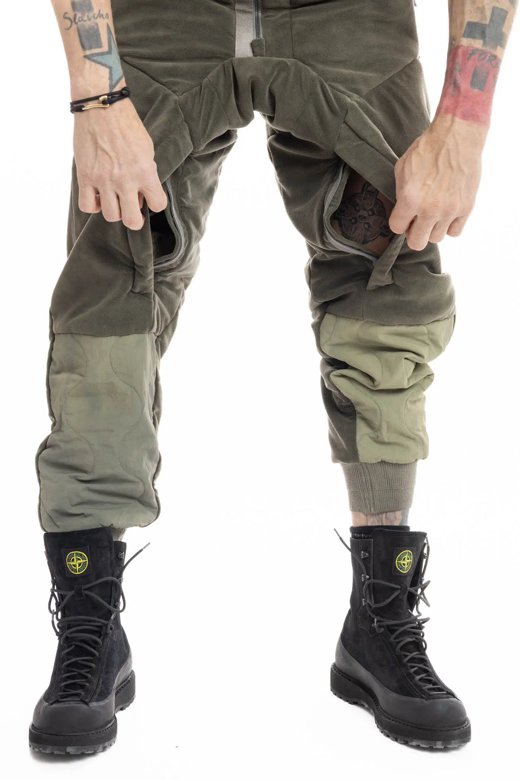 Hamcus, Mens Pants, Agate Grey, Olive Green, Dark Green, Light Green, Polyester Fleece, Brushed, Side Pockets, Zip Ventilation, Ribbed Cuffs, Elasticated Waistband, Zip Fly, Back Pockets, Wide Fit, Tapered Legs, Multiple Ventilation openings Close-up. 