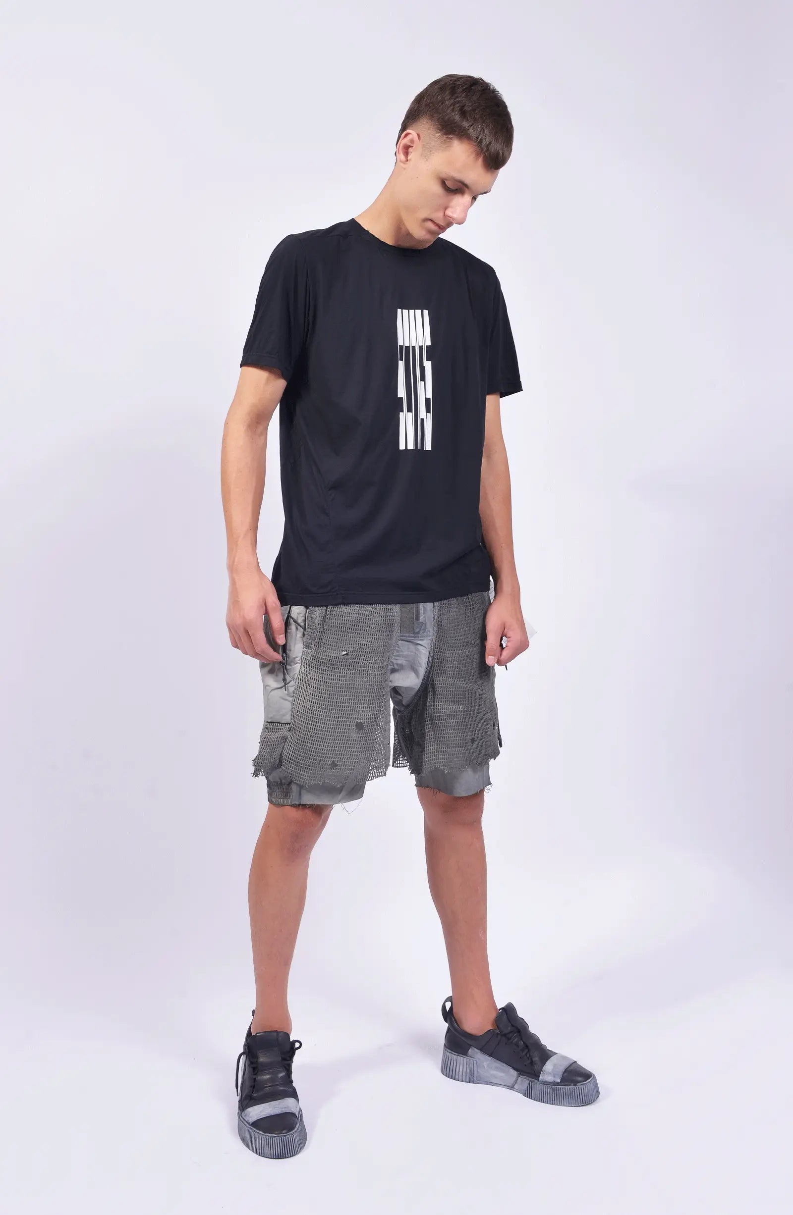 Hamcus, Mens T-Shirt, Black, White Print, Scars Print, Short Sleeves, Back Print, Back Neck Hanger, Panel Construction, 100% Cotton, Organic Cotton, Full Body 3/4 View. 