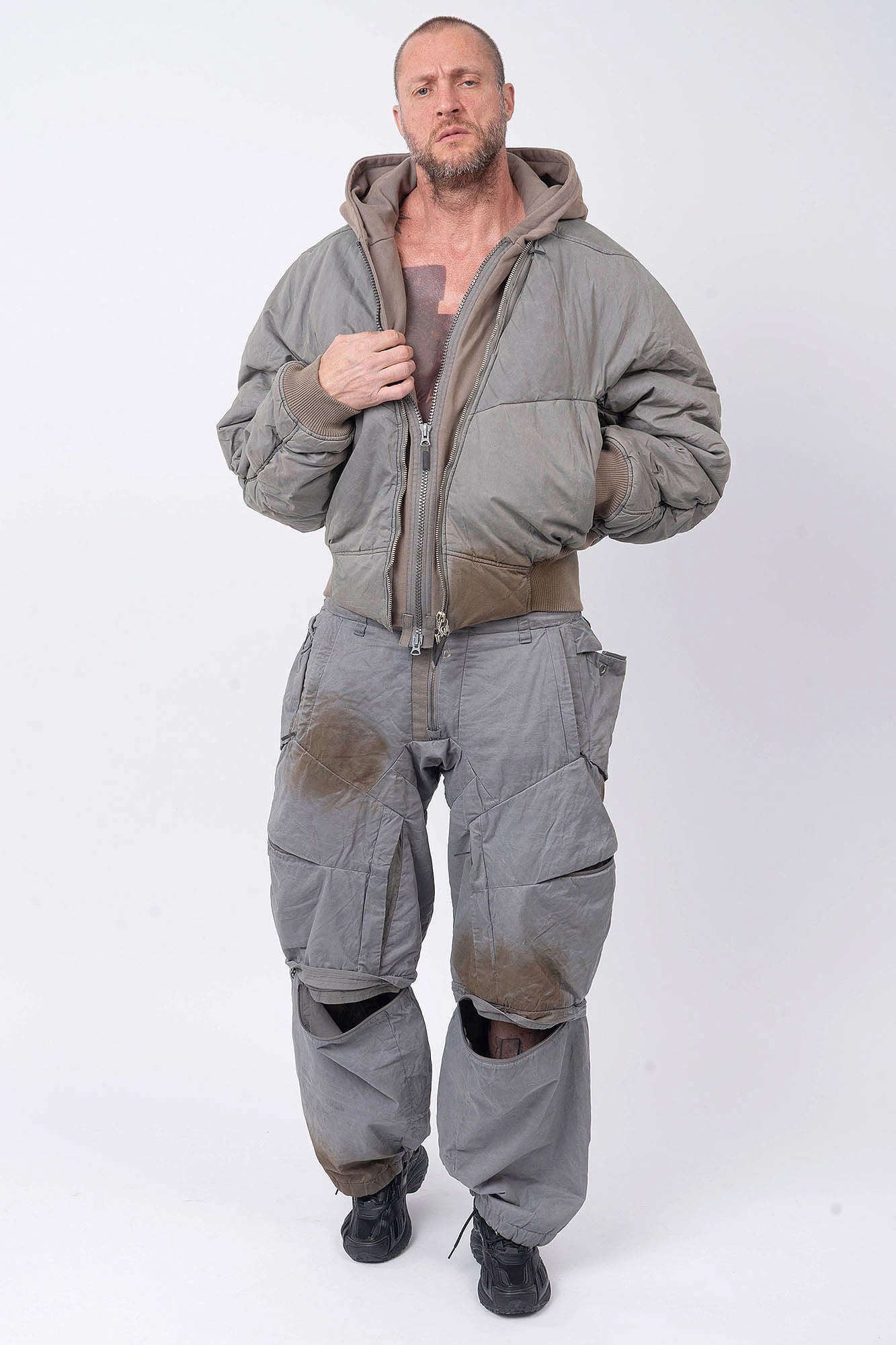 Hamcus, Mens Jacket, Brown, Double Zipper, Two-Way Zippers, Side Pockets, Ribbed Cuffs and Hem, Hooded, Fleece, Water-Resistant, Dyed, Grey Elements, Panel Construction Design, Vislon Zippers, Metal Zippers, Full Body Front View Unzipped. 