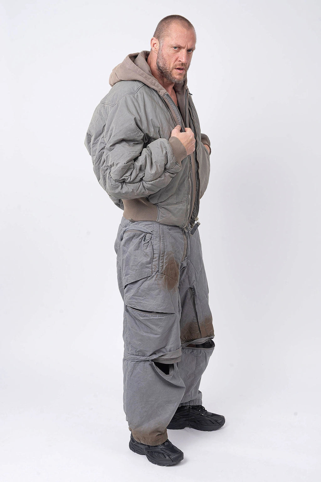 Hamcus, Mens Jacket, Brown, Double Zipper, Two-Way Zippers, Side Pockets, Ribbed Cuffs and Hem, Hooded, Fleece, Water-Resistant, Dyed, Grey Elements, Panel Construction Design, Vislon Zippers, Metal Zippers, Full Body Front 3/4 View. 