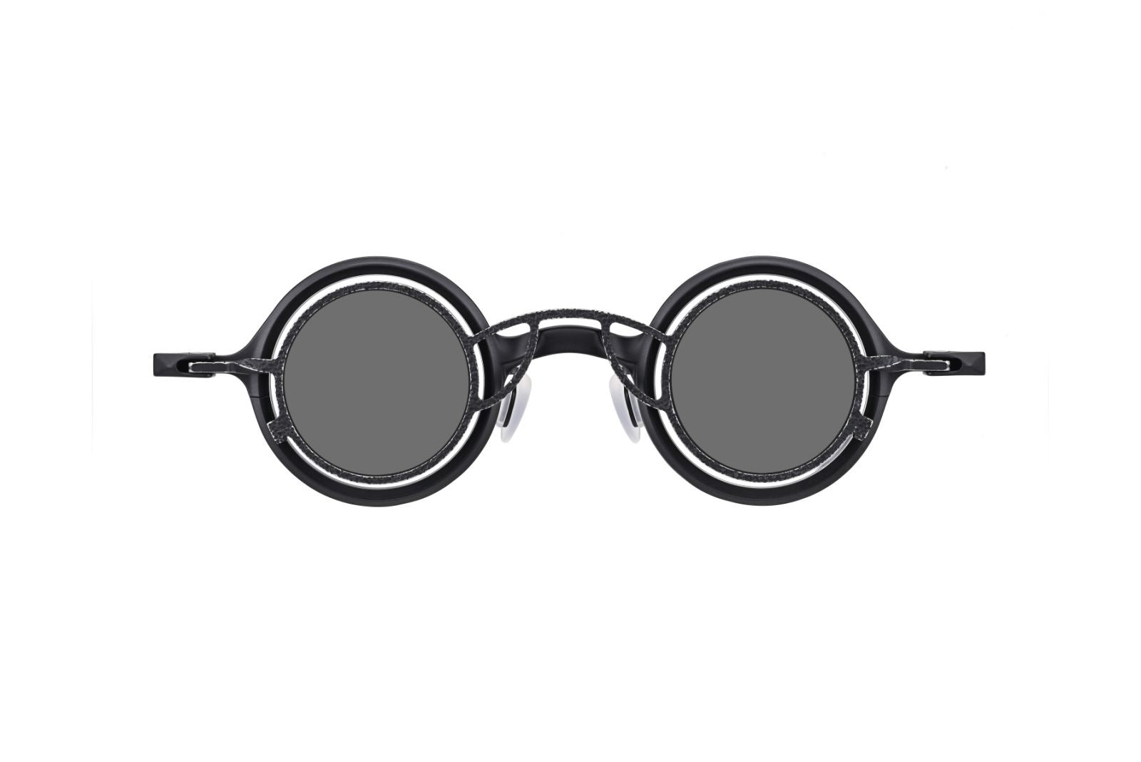 Round sunglasses with black frames and dark lenses on a white background