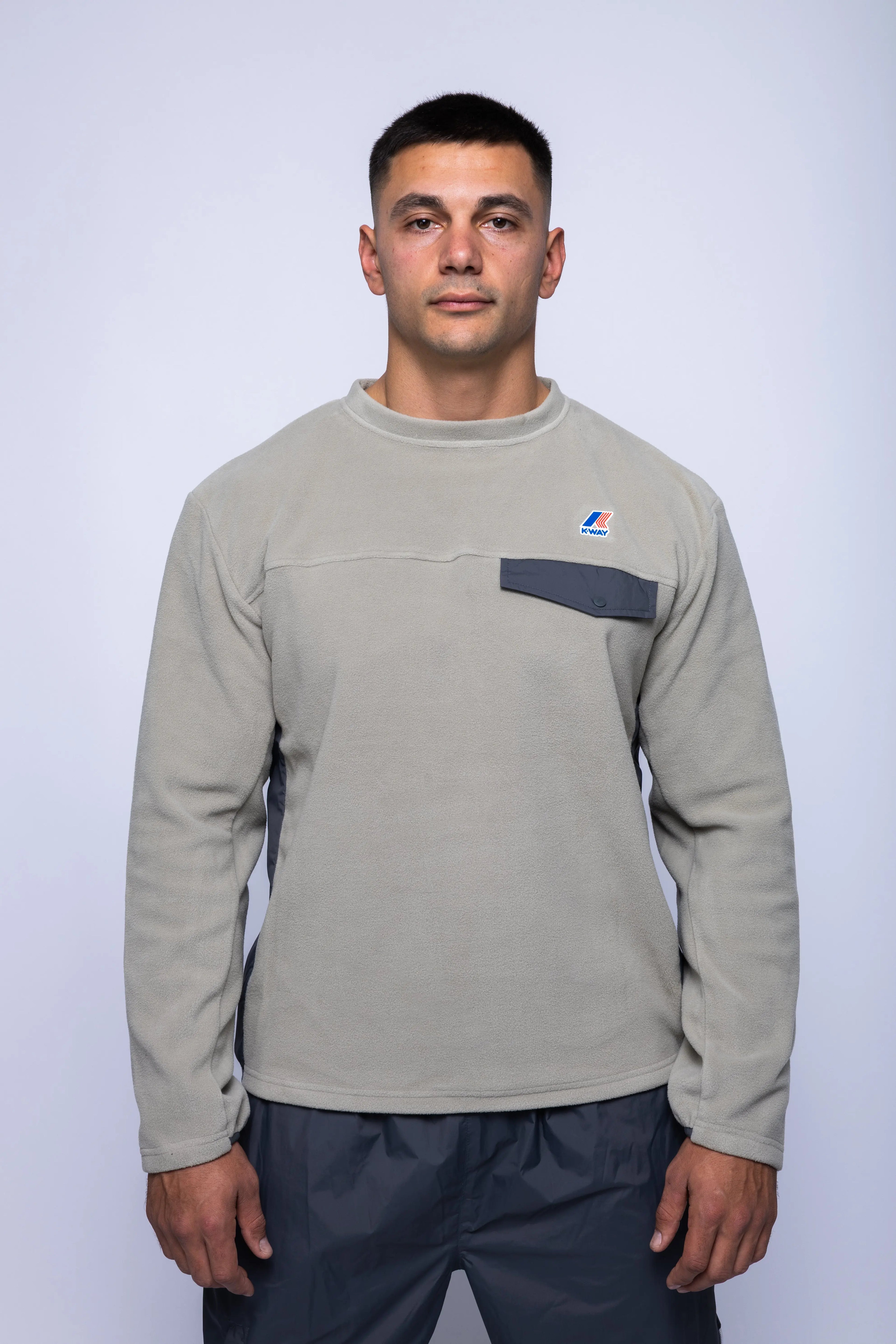 K-Way, Mens Sweatshirt, Grey, Fleece Jumper, Padded Nylon Inserts, Chest Flap Pocket, Snap Pocket, Long Sleeves, Chest Logo, Ribbed Neck, Front Portrait. 
