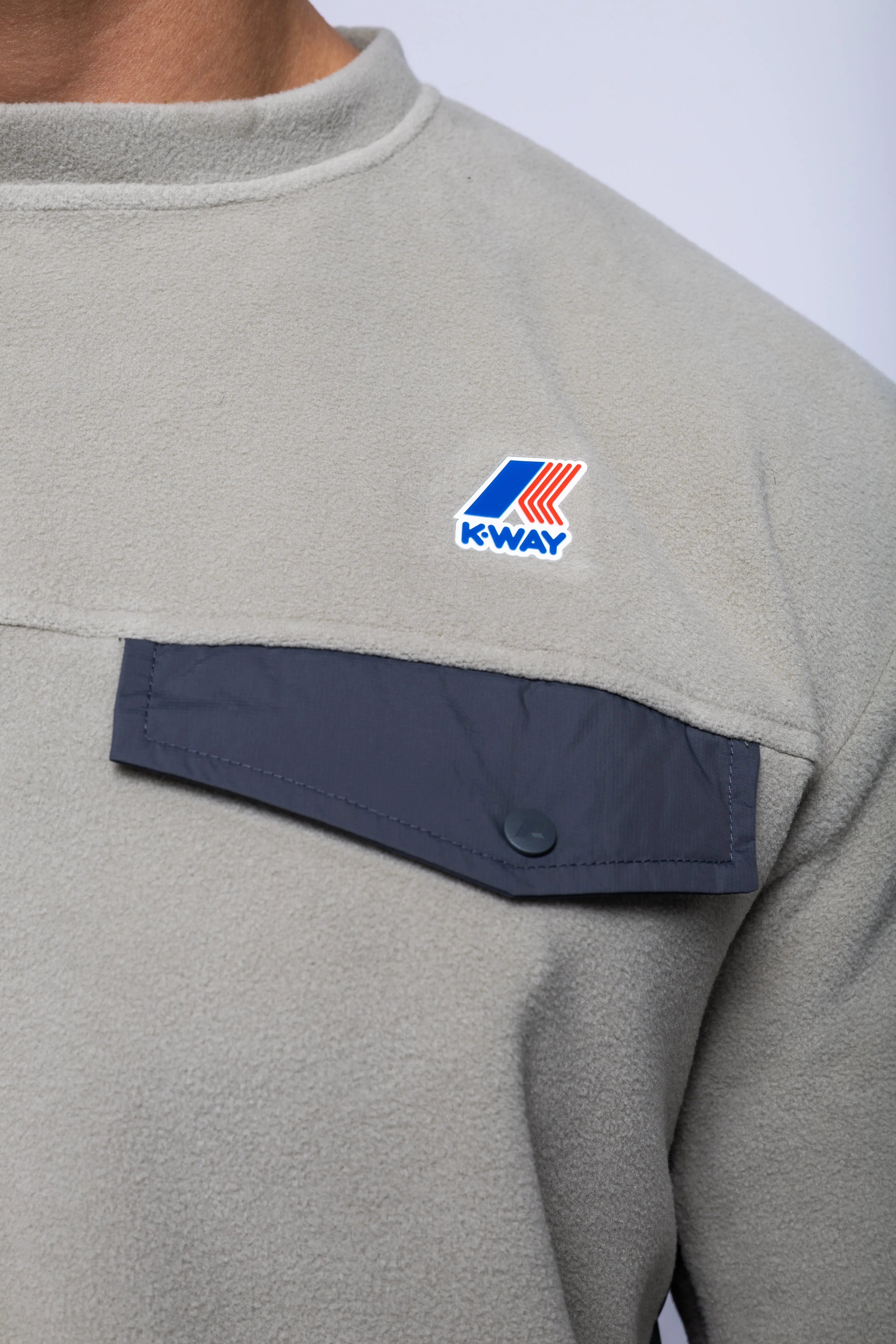 K-Way, Mens Sweatshirt, Grey, Fleece Jumper, Padded Nylon Inserts, Chest Flap Pocket, Snap Pocket, Long Sleeves, Chest Logo, Ribbed Neck, Chest Pocket Close-up. 