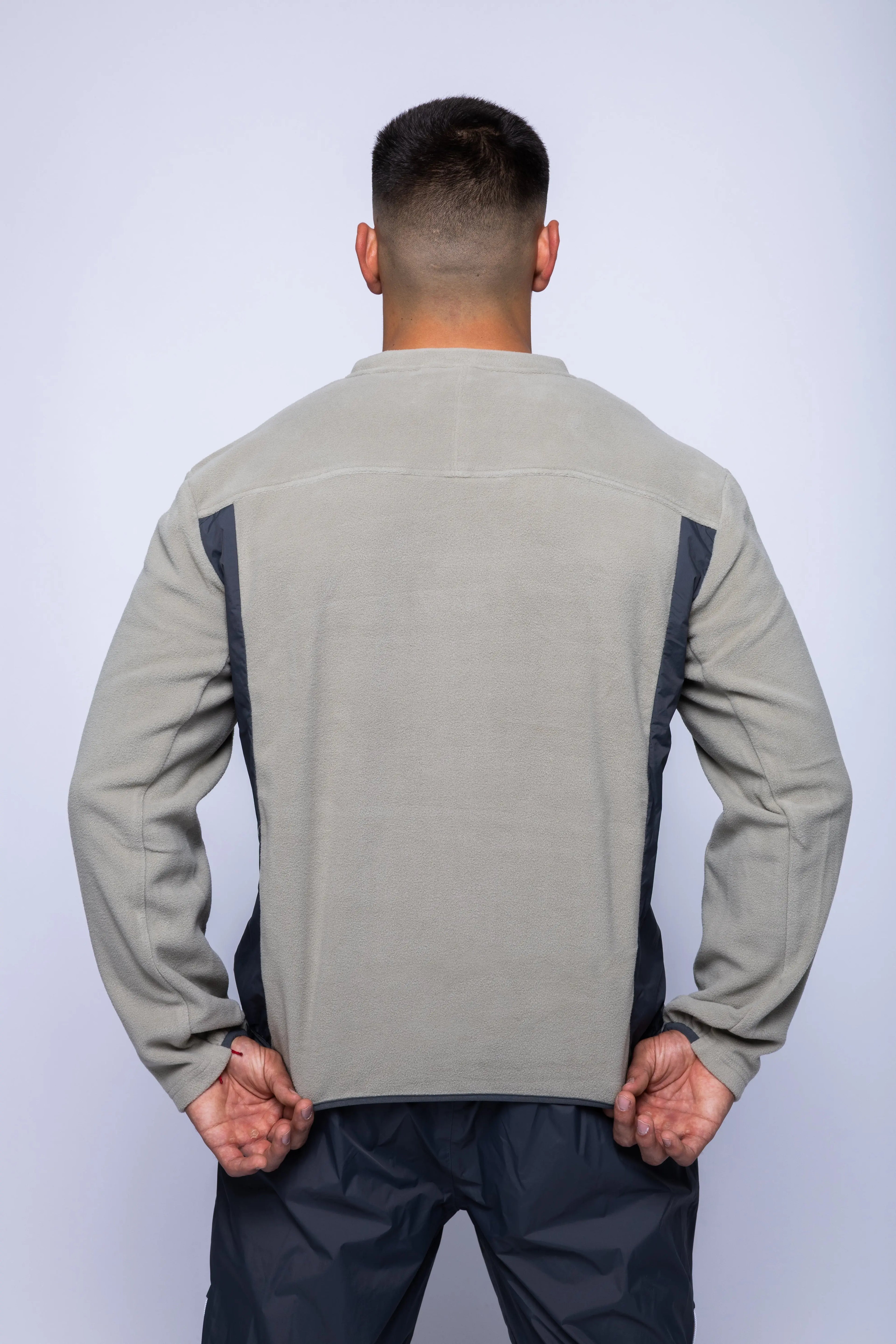 K-Way, Mens Sweatshirt, Grey, Fleece Jumper, Padded Nylon Inserts, Chest Flap Pocket, Snap Pocket, Long Sleeves, Chest Logo, Ribbed Neck, Back View. 