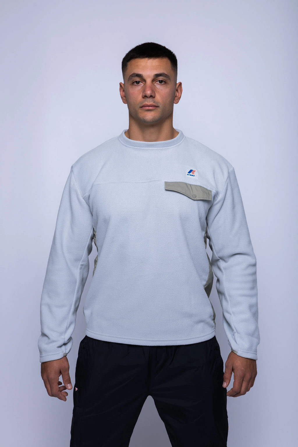 K-Way, Mens Sweatshirt, Grey, Fleece Jumper, Padded Nylon Inserts, Chest Flap Pocket, Snap Pocket, Long Sleeves, Chest Logo, Ribbed Neck, Front Portrait. 