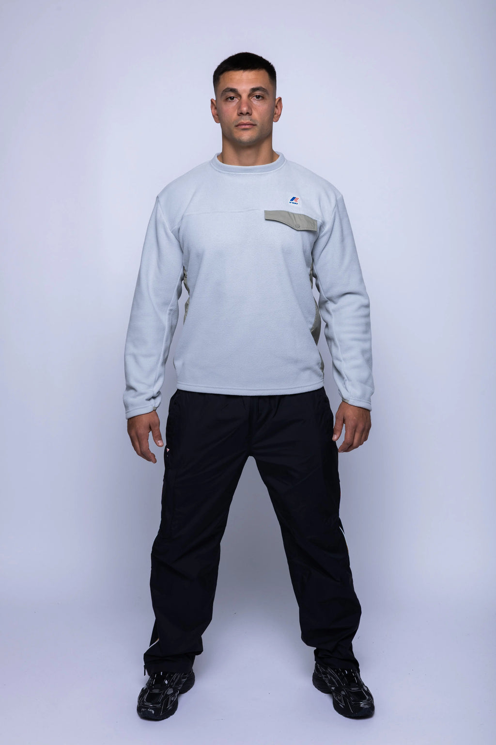 K-Way, Mens Sweatshirt, Grey, Fleece Jumper, Padded Nylon Inserts, Chest Flap Pocket, Snap Pocket, Long Sleeves, Chest Logo, Ribbed Neck, Full Body Front View. 