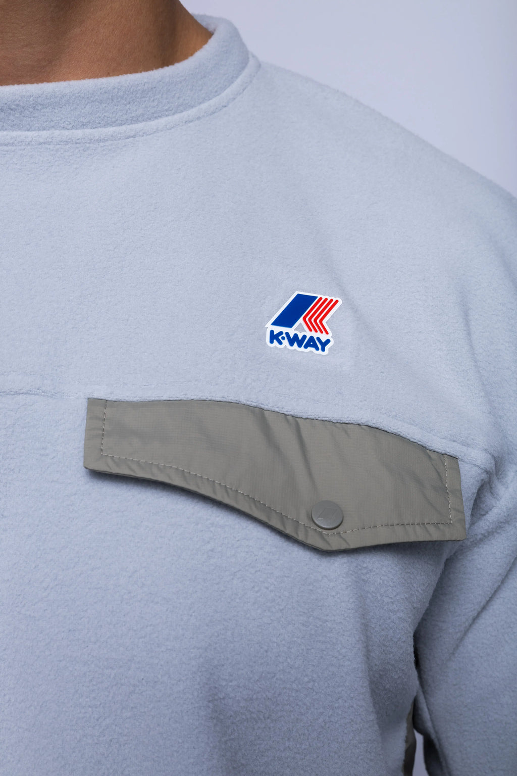 K-Way, Mens Sweatshirt, Grey, Fleece Jumper, Padded Nylon Inserts, Chest Flap Pocket, Snap Pocket, Long Sleeves, Chest Logo, Ribbed Neck, Chest Pocket Close-up. 