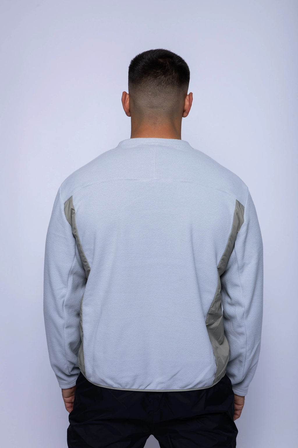 K-Way, Mens Sweatshirt, Grey, Fleece Jumper, Padded Nylon Inserts, Chest Flap Pocket, Snap Pocket, Long Sleeves, Chest Logo, Ribbed Neck, Back View. 