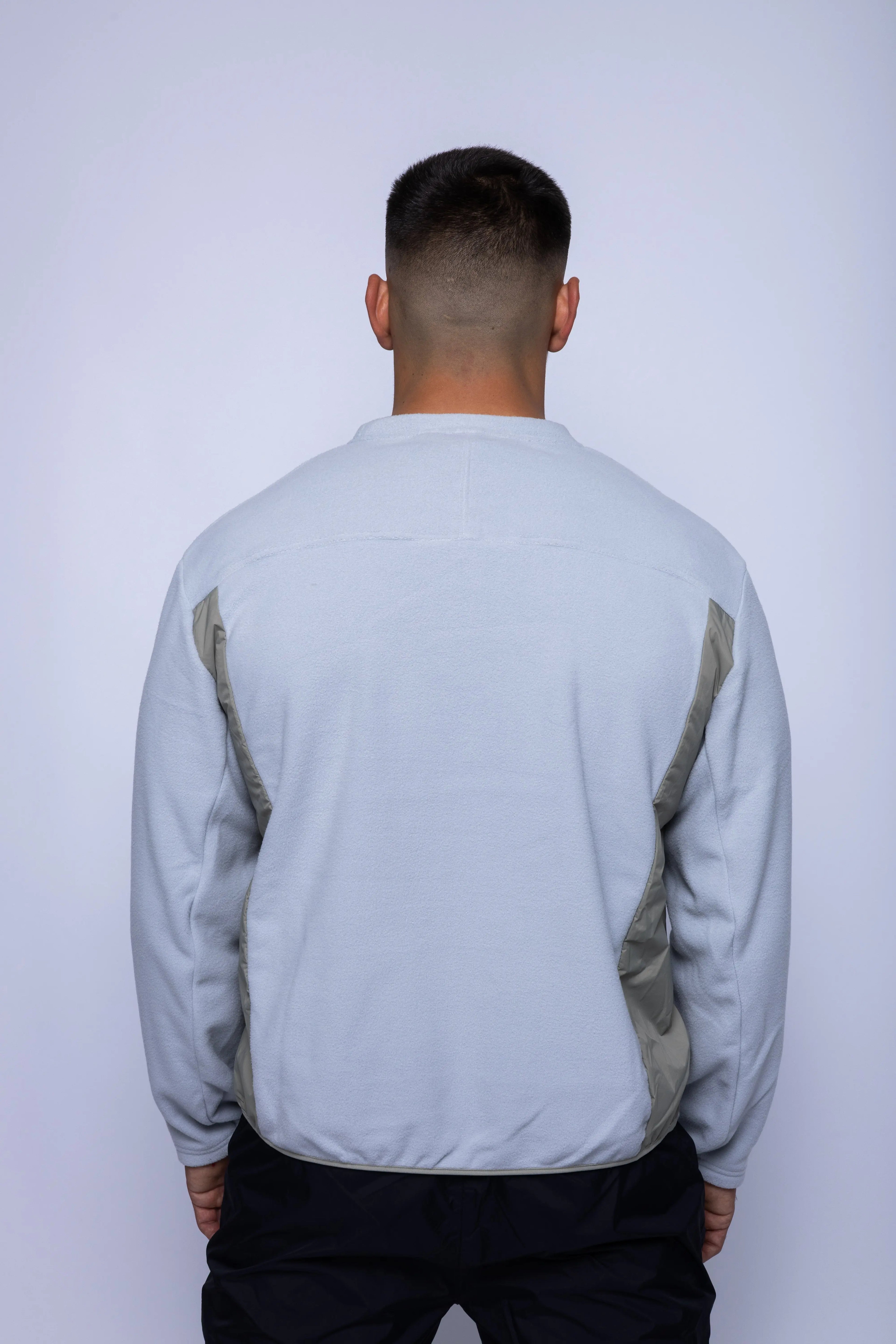 K-Way, Mens Sweatshirt, Grey, Fleece Jumper, Padded Nylon Inserts, Chest Flap Pocket, Snap Pocket, Long Sleeves, Chest Logo, Ribbed Neck, Back View. 