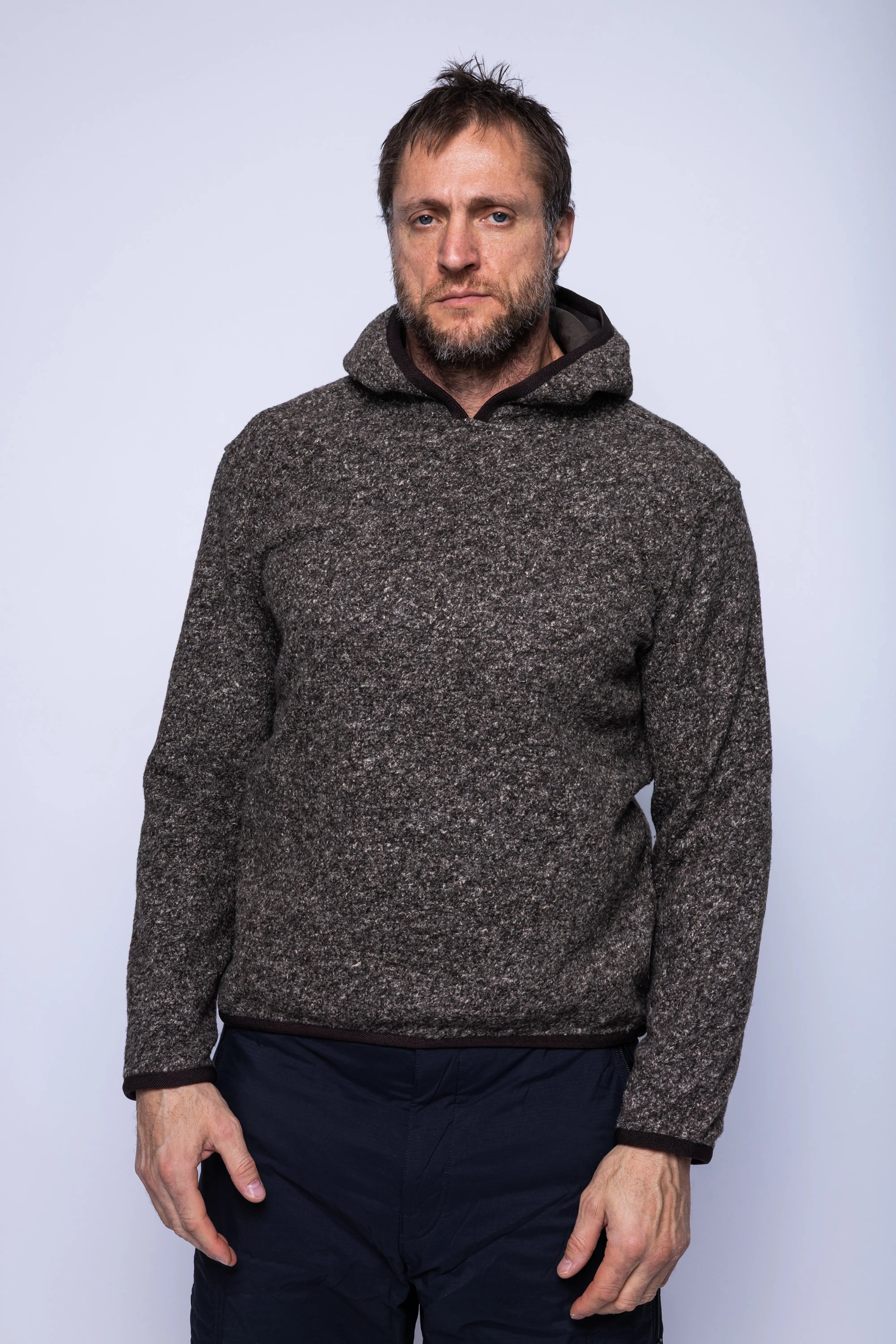 K-Way, Mens Sweatshirt, Black Brown Combo, Hooded, Aviron Wool Blend, Elasticated Hem and Cuffs, Long Sleeves, Melange, Insulated, Thermal, Front Portrait. 