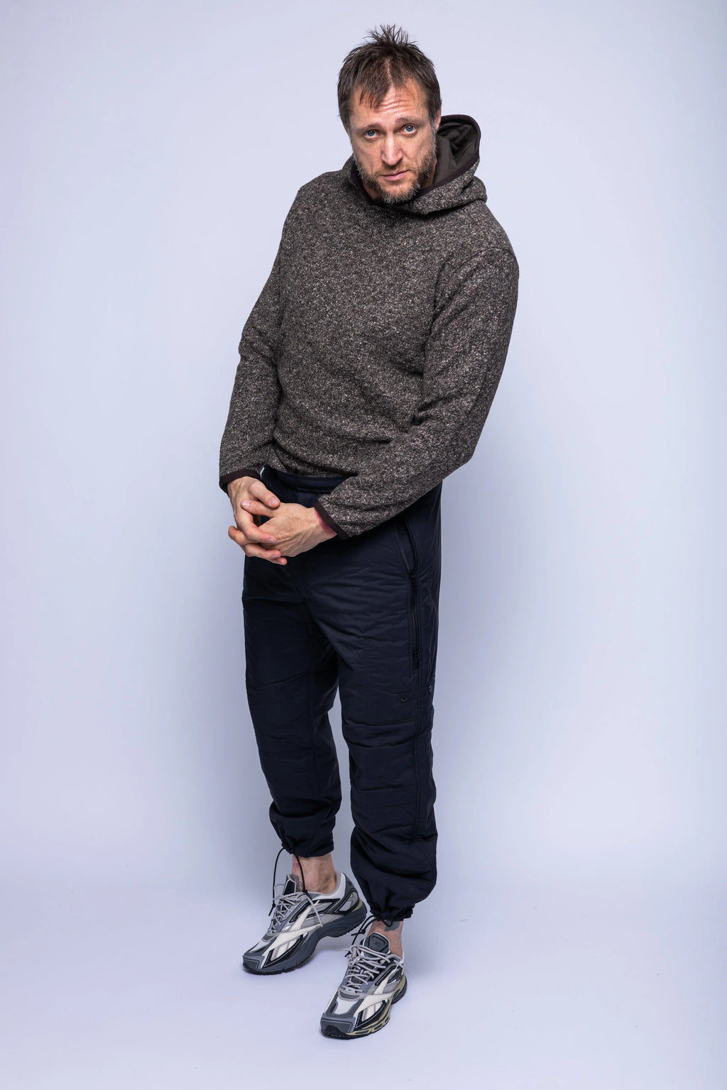 K-Way, Mens Sweatshirt, Black Brown Combo, Hooded, Aviron Wool Blend, Elasticated Hem and Cuffs, Long Sleeves, Melange, Insulated, Thermal, Full Body 3/4 View. 