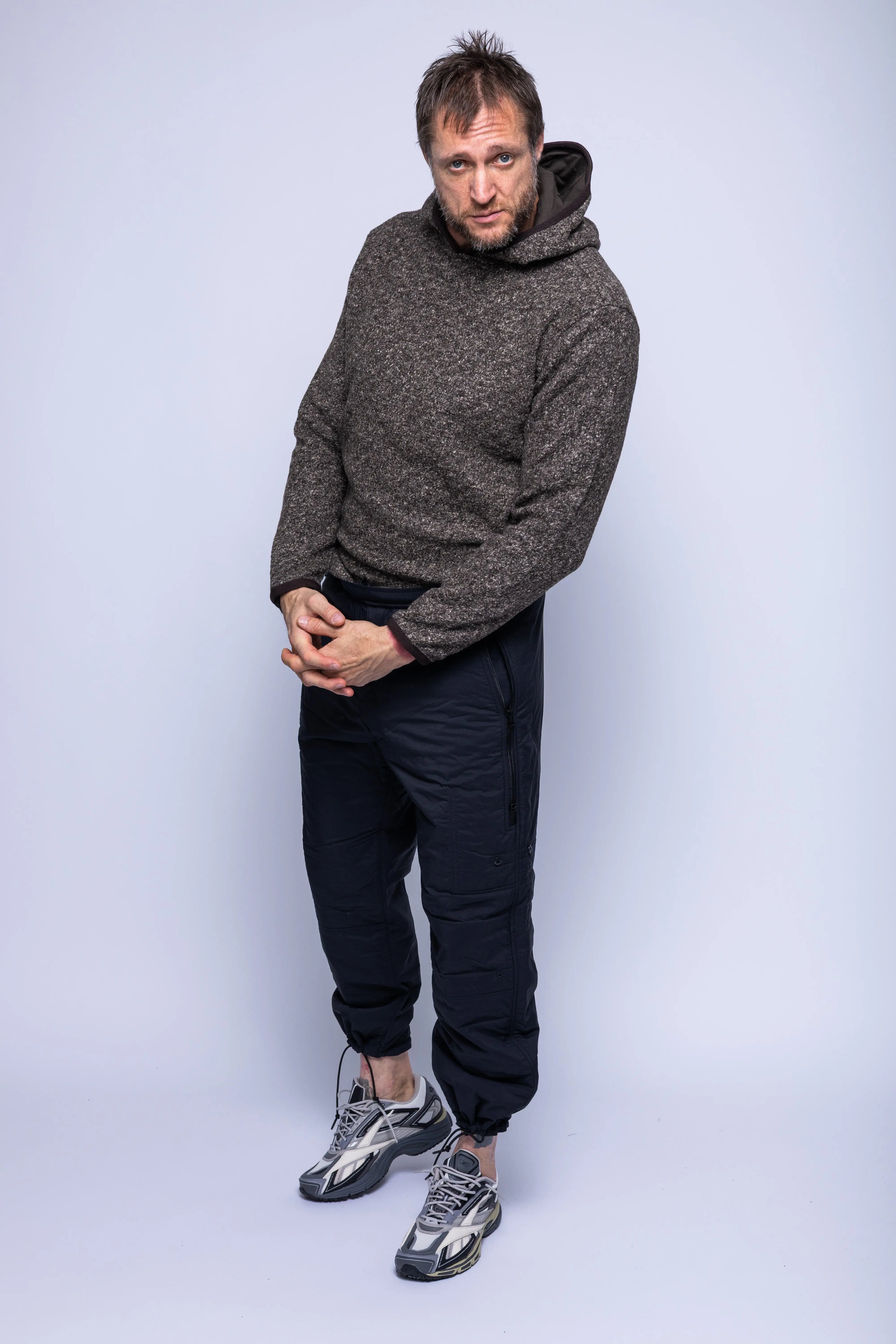 K-Way, Mens Sweatshirt, Black Brown Combo, Hooded, Aviron Wool Blend, Elasticated Hem and Cuffs, Long Sleeves, Melange, Insulated, Thermal, Full Body 3/4 View. 