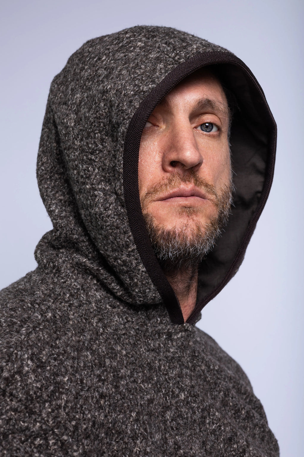 K-Way, Mens Sweatshirt, Black Brown Combo, Hooded, Aviron Wool Blend, Elasticated Hem and Cuffs, Long Sleeves, Melange, Insulated, Thermal, Front 3/4 Portrait Hooded. 