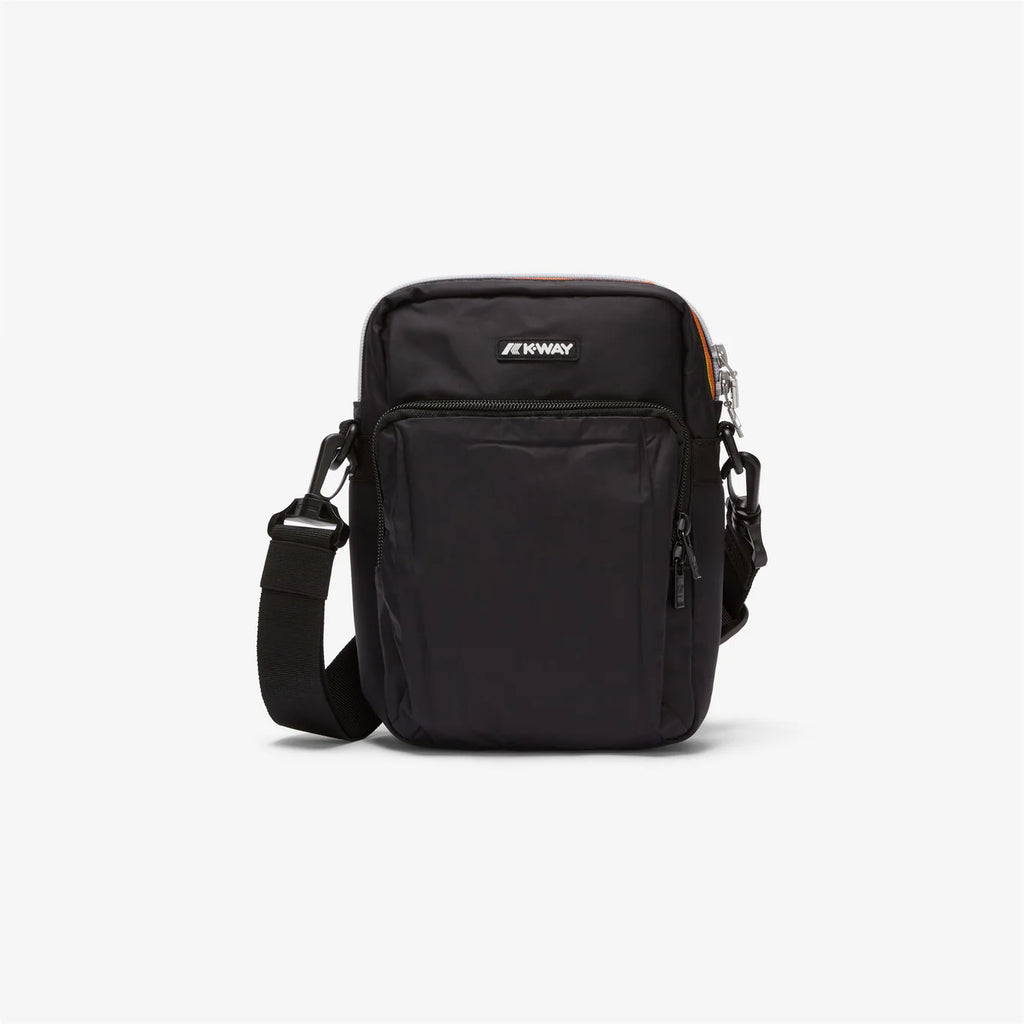 K-Way, Mens Shoulder Bag, Black Pure, Erloy, Branded Zippers, Multiple Pockets, Adjustable Strap, Removable Strap, Front Silicone Logo, Ripstop Nylon, Waterproof, Front View. 