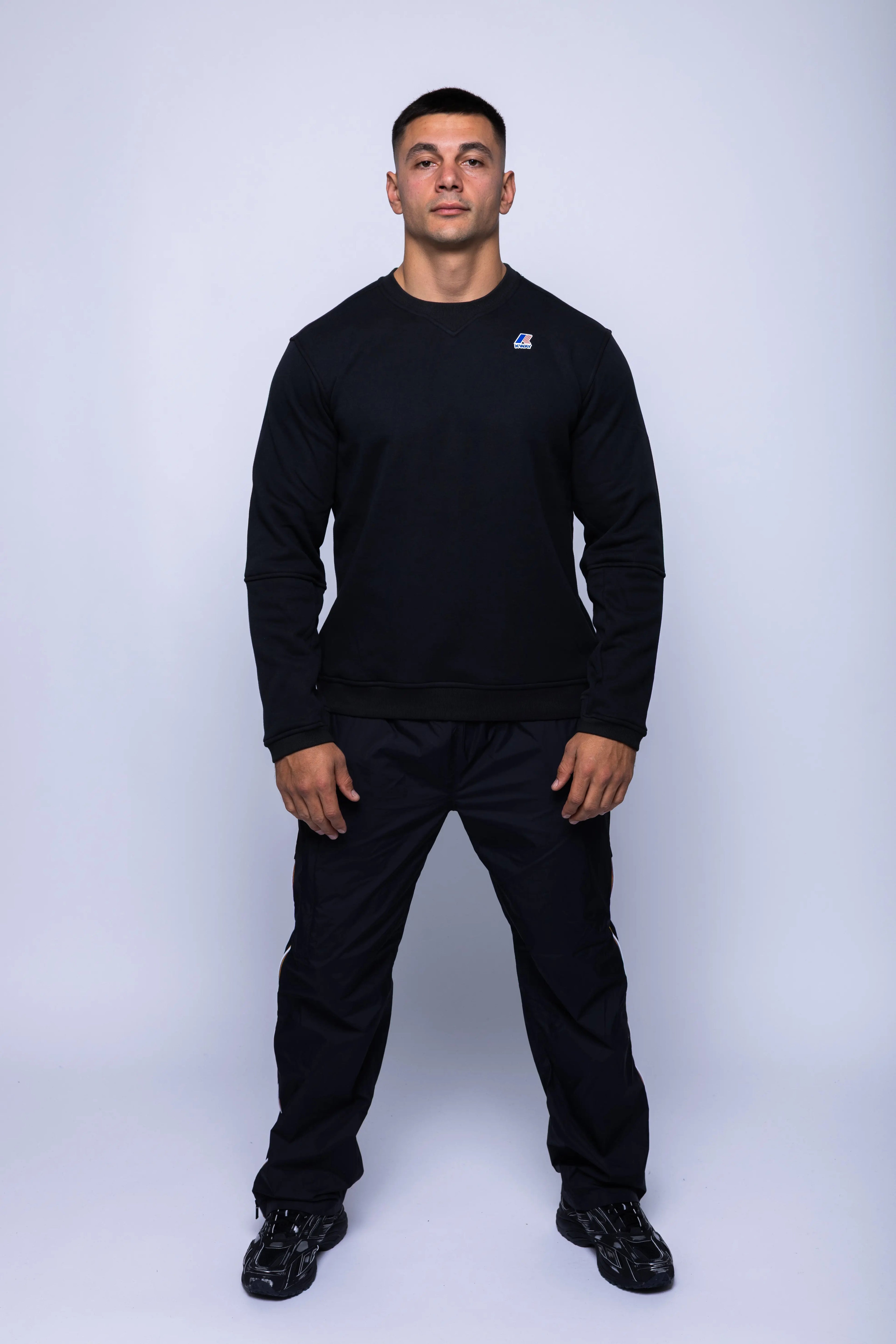 K-Way, Mens Blouse, Black, Long Sleeve Shirt, Ribbed Cuffs and Hem, Elbow Seams, Front Logo Print, Full Body Front View. 