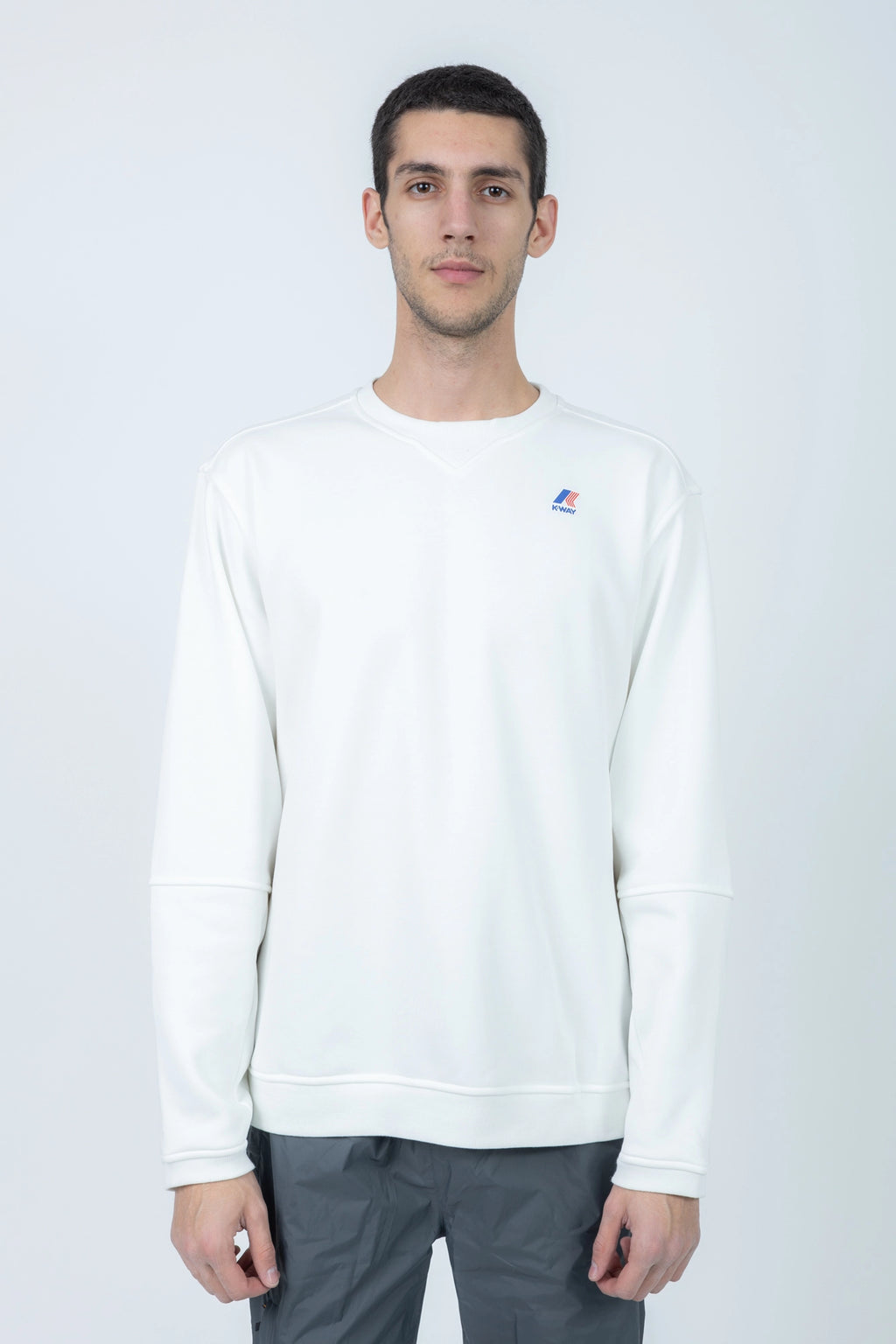 K-Way, Mens Blouse, White, Long Sleeve Shirt, Ribbed Cuffs and Hem, Elbow Seams, Front Logo Print, Front Portrait. 