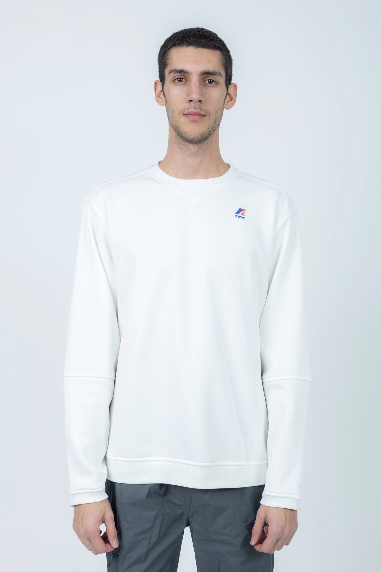 K-Way, Mens Blouse, White, Long Sleeve Shirt, Ribbed Cuffs and Hem, Elbow Seams, Front Logo Print, Front Portrait. 